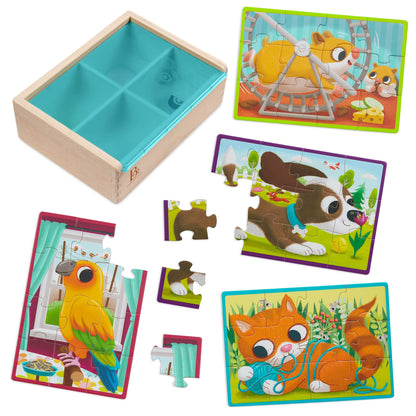 B. toys Wooden Puzzle Set, 4 Animal Puzzles with Wooden Box, Pets