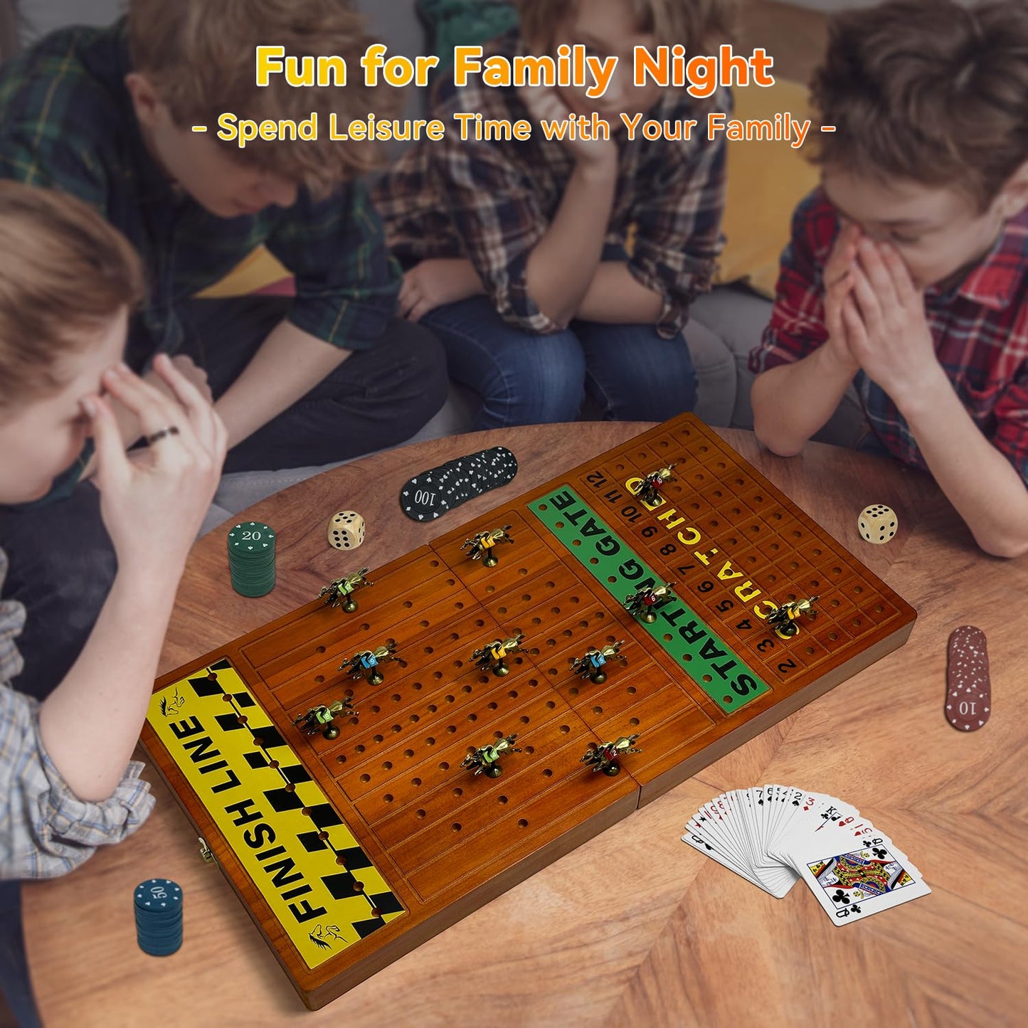 Large 23 inches Horse Race Board Game with Luxury Metal Numbered Horses, 4 in 1 Foldable Wood Horse Race Board Game with Dice Poker Chips/Chess