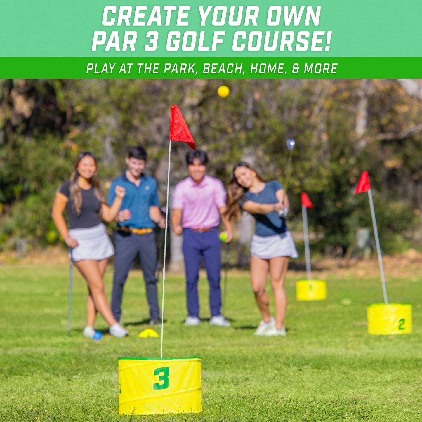 GoSports Yard Links Backyard Golf Game - Outdoor Chipping Style Game Set with 3 Buckets, 3 Flags, 3 Tee Markers, 4 Golf Balls, Scorecard and Carry