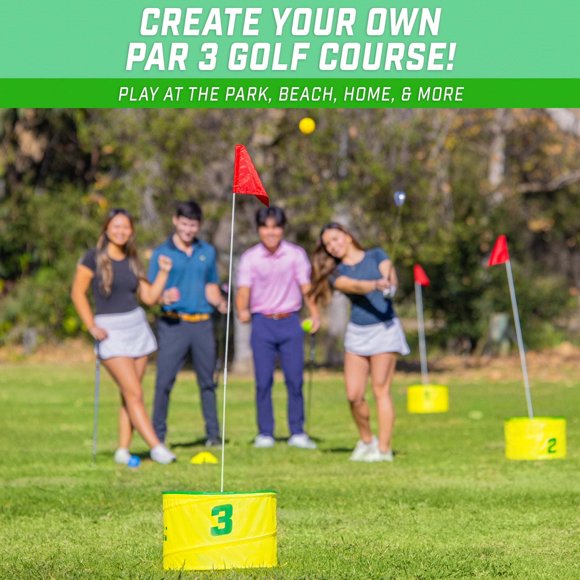 GoSports Yard Links Backyard Golf Game - Outdoor Chipping Style Game Set with 3 Buckets, 3 Flags, 3 Tee Markers, 4 Golf Balls, Scorecard and Carry