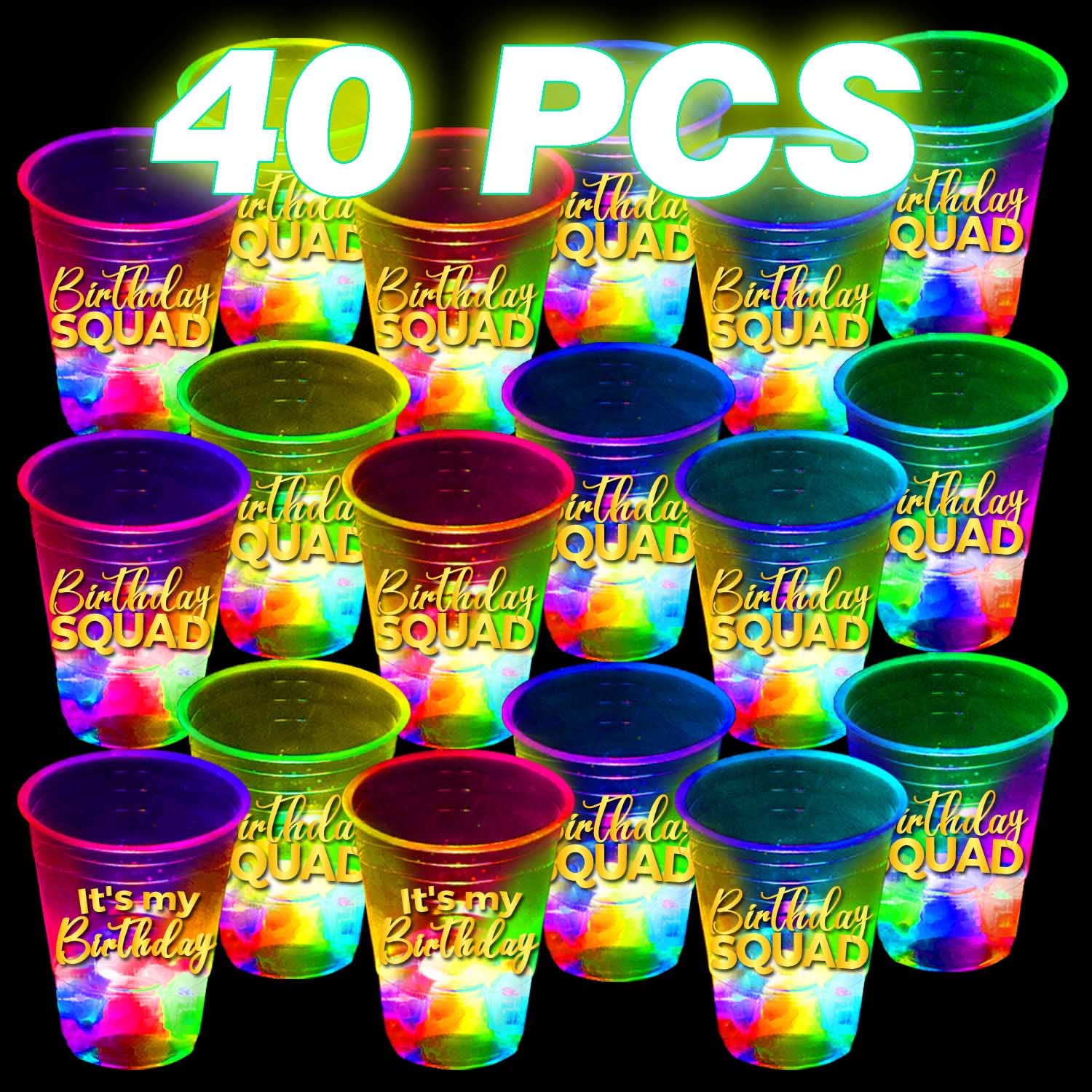 mishunyus 24 Pack Glow Birthday Squad Cups 16oz - Reusable Light Up Party Cups for Adult Birthdays 21st, 30th, 40th, 50th, 60th Theme Decorations