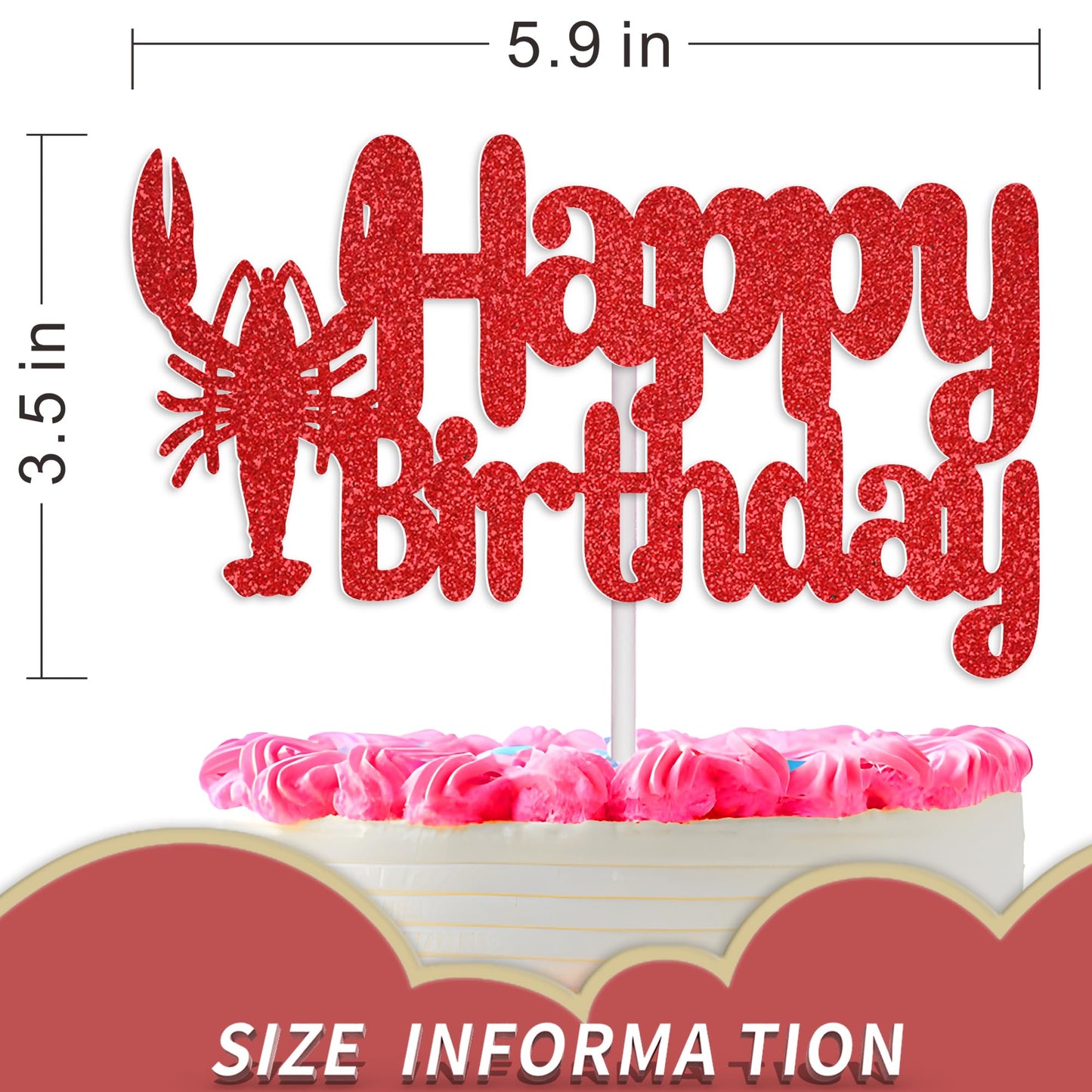Happy Birthday Cake Topper - Red Glitter Lobster Theme Party Decoration, Seafood Crawfish Boil Birthday Party Supplies (Red)