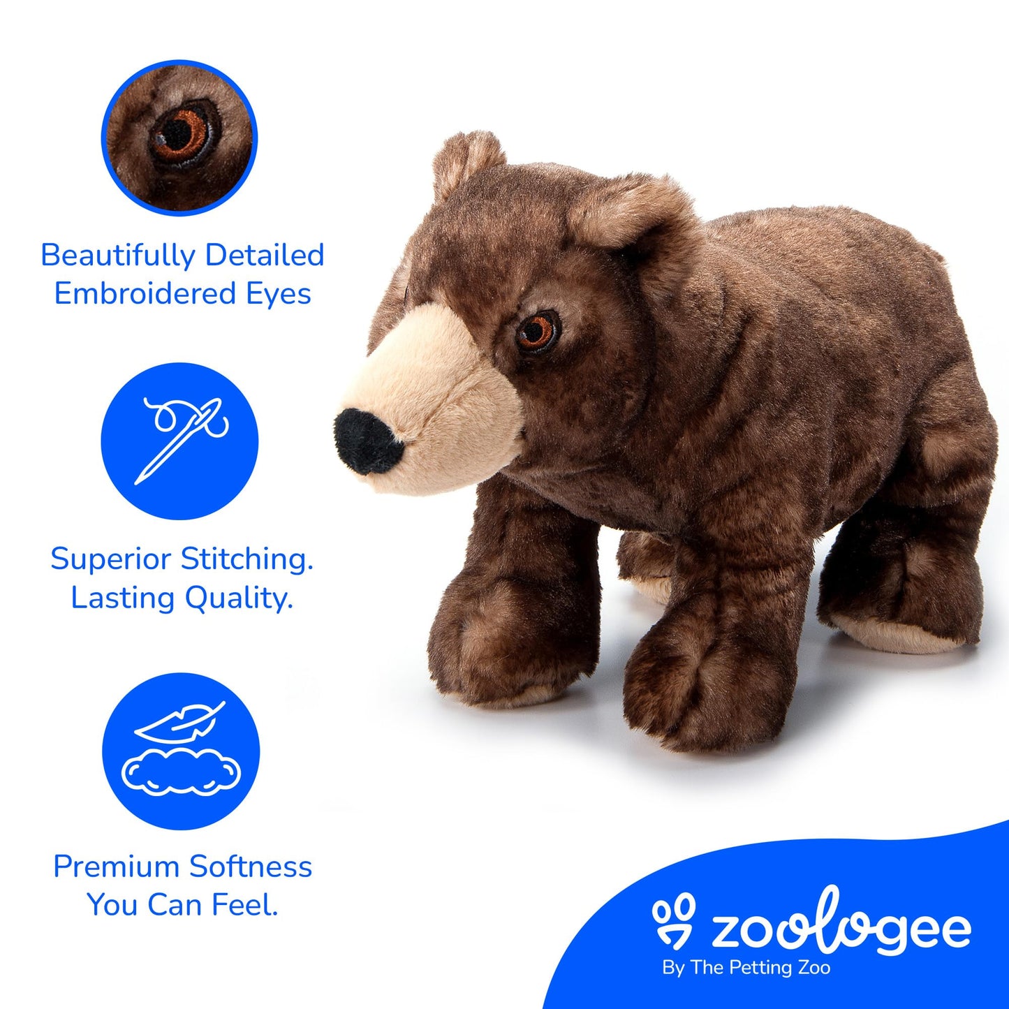The Petting Zoo Brown Bear Stuffed Animal Plushie, Gifts for Kids, Earth Keeperz Wildlife Animals, Zoologee Brown Bear Plush Toy, 12 inches