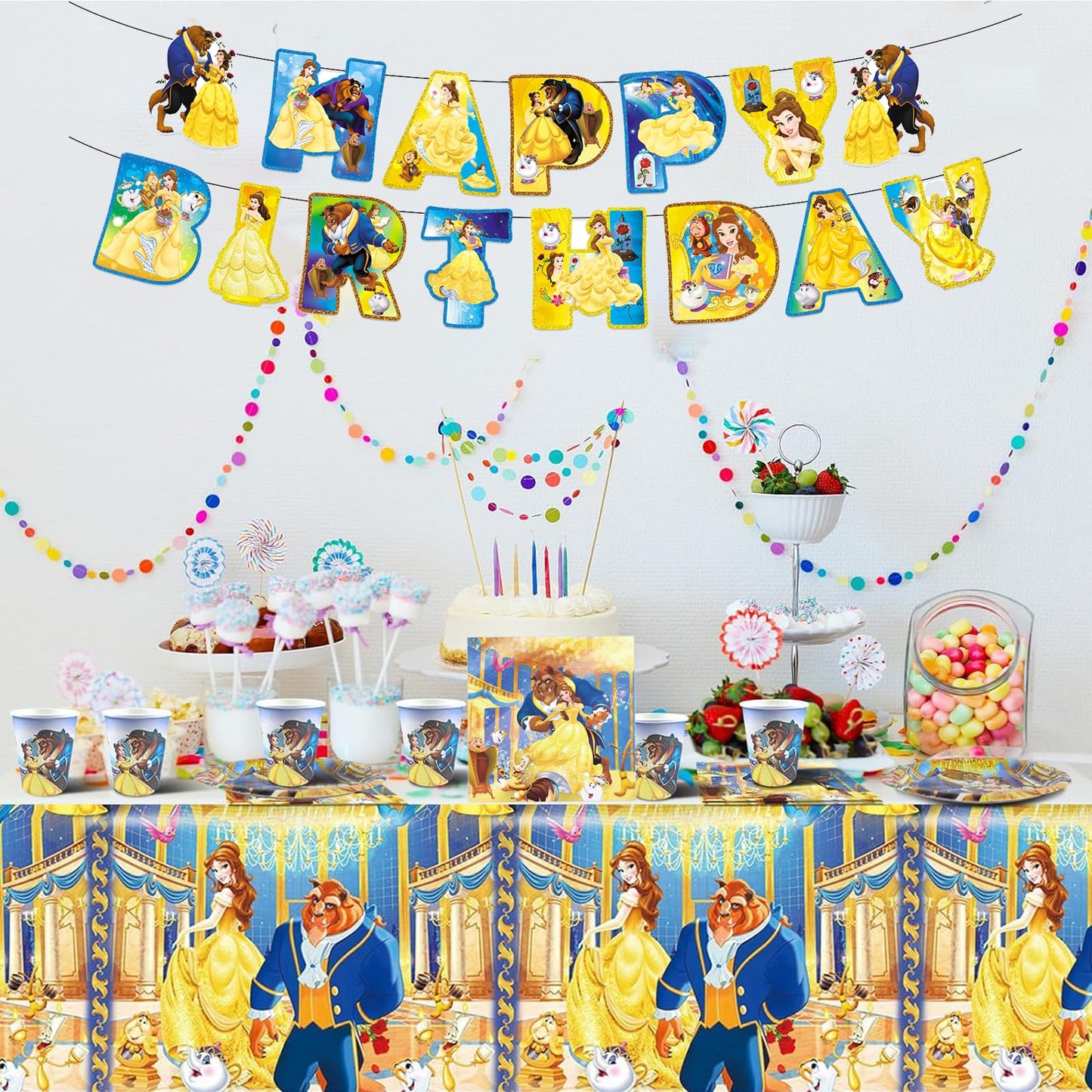 Beauty and The Beast Party Decorations(Serves 20), Princess Belle Birthday Party Tableware with Banner, Tablecloth, 20 Disposable 7" Paper Plates