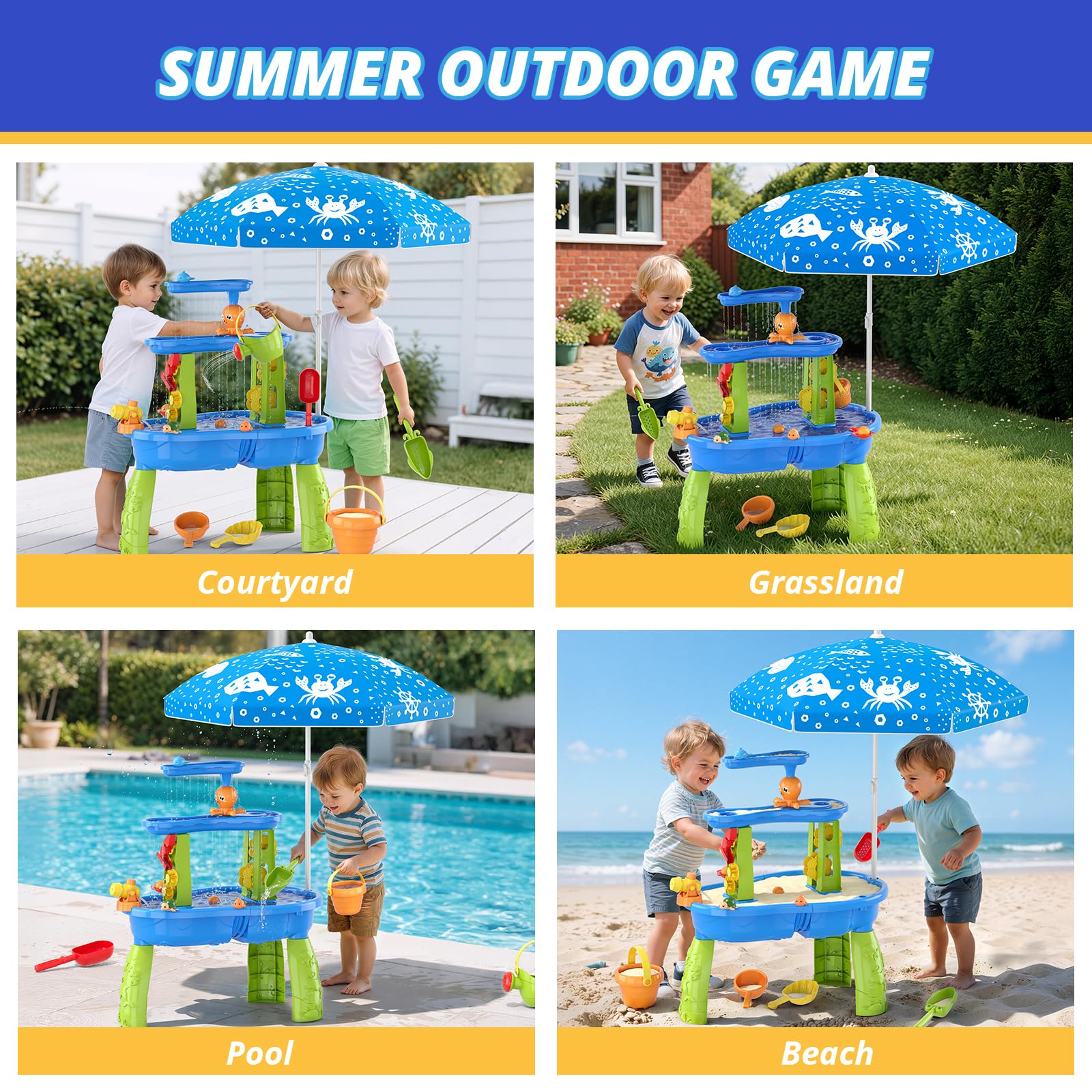 Wee Wonders 3-Tier Water Table with Adjustable Umbrella for Kids, Blue