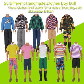 ZTWEDEN 32Pcs Doll Clothes and Accessories for 12 Inch Boy Dolls Include 20 Different Wear Clothes Shirt Jeans Beach Shorts 4 Pairs of Shoes, Glasses