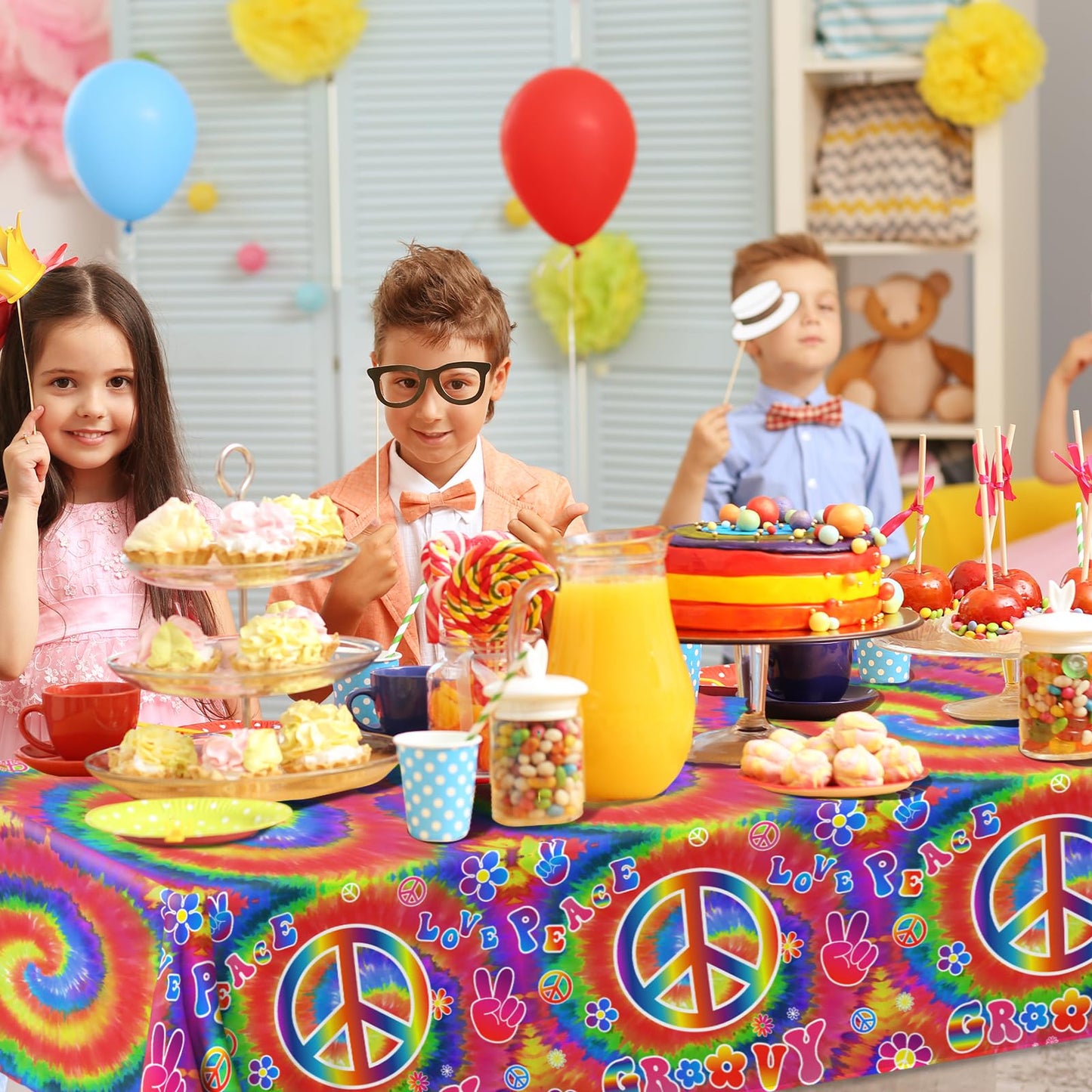 Tie Dye Birthday Party Supplies, 60's Hippie Theme Tablecloth 3Pcs Groovy Hippie Table Cover Peace Love tie dye Table Cloths for Parties