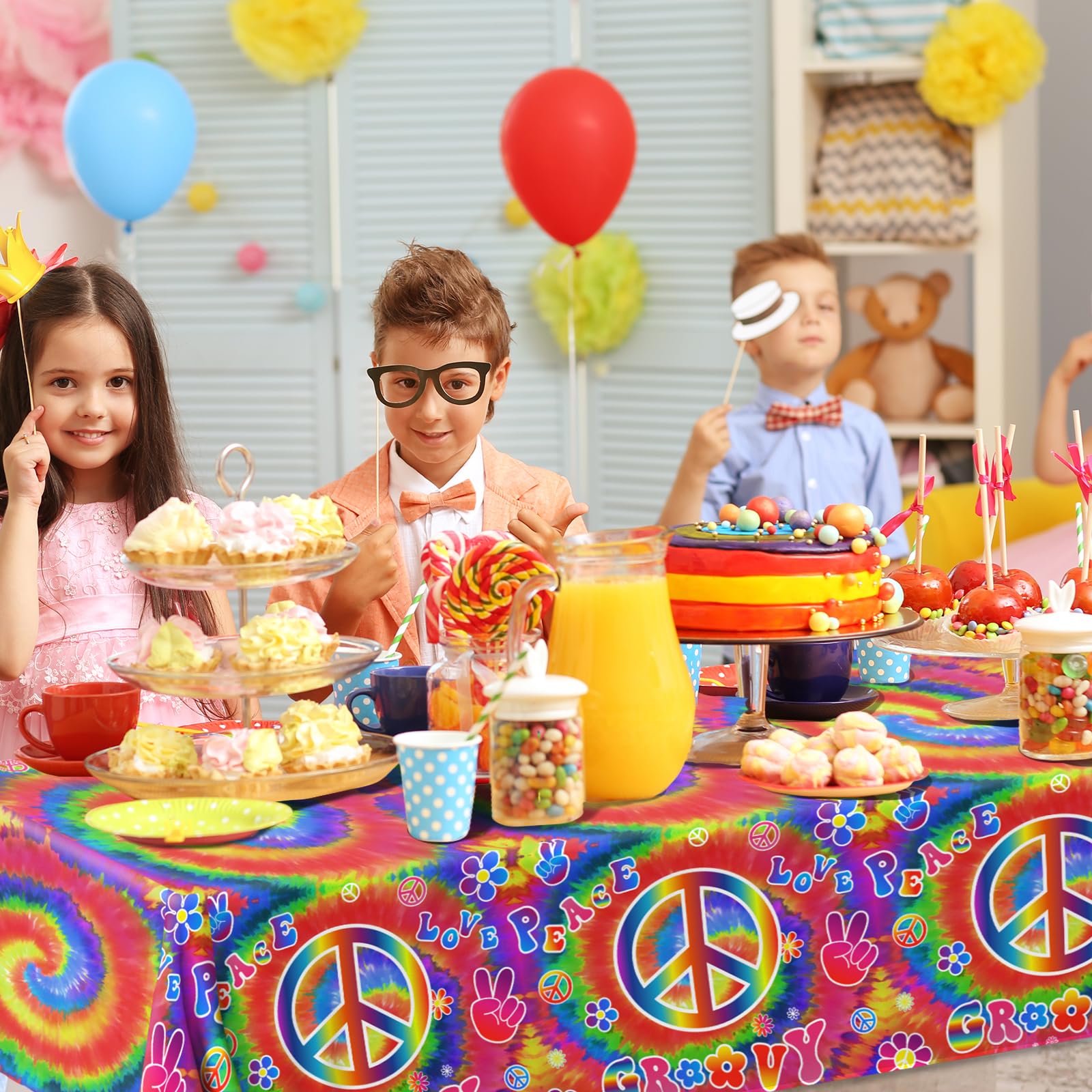 Tie Dye Birthday Party Supplies, 60's Hippie Theme Tablecloth 3Pcs Groovy Hippie Table Cover Peace Love tie dye Table Cloths for Parties