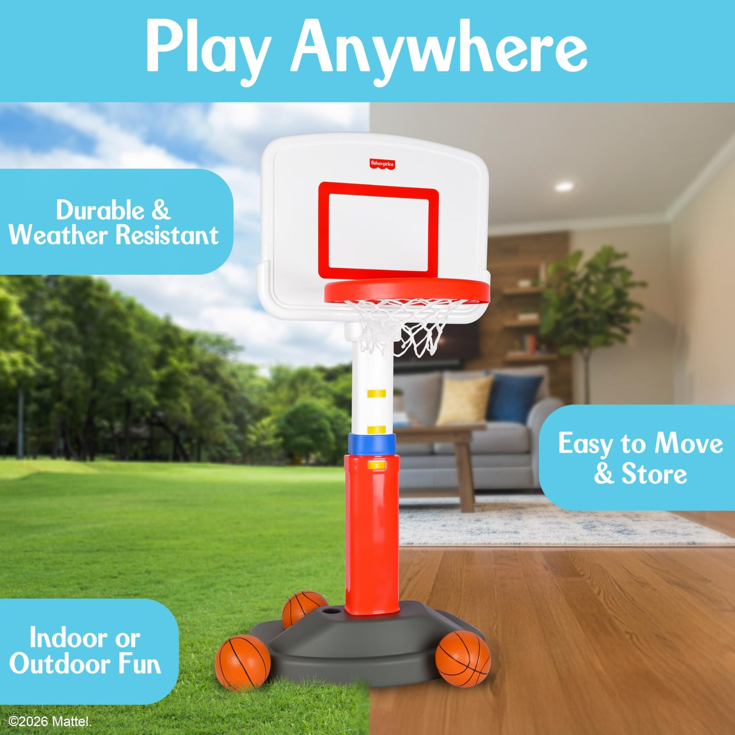 Fisher-Price™ Grow-to-Pro Basketball Hoop for Toddlers & Kids - Adjustable Height Indoor/Outdoor Play Set with Ball, 18 Months - 5 Year