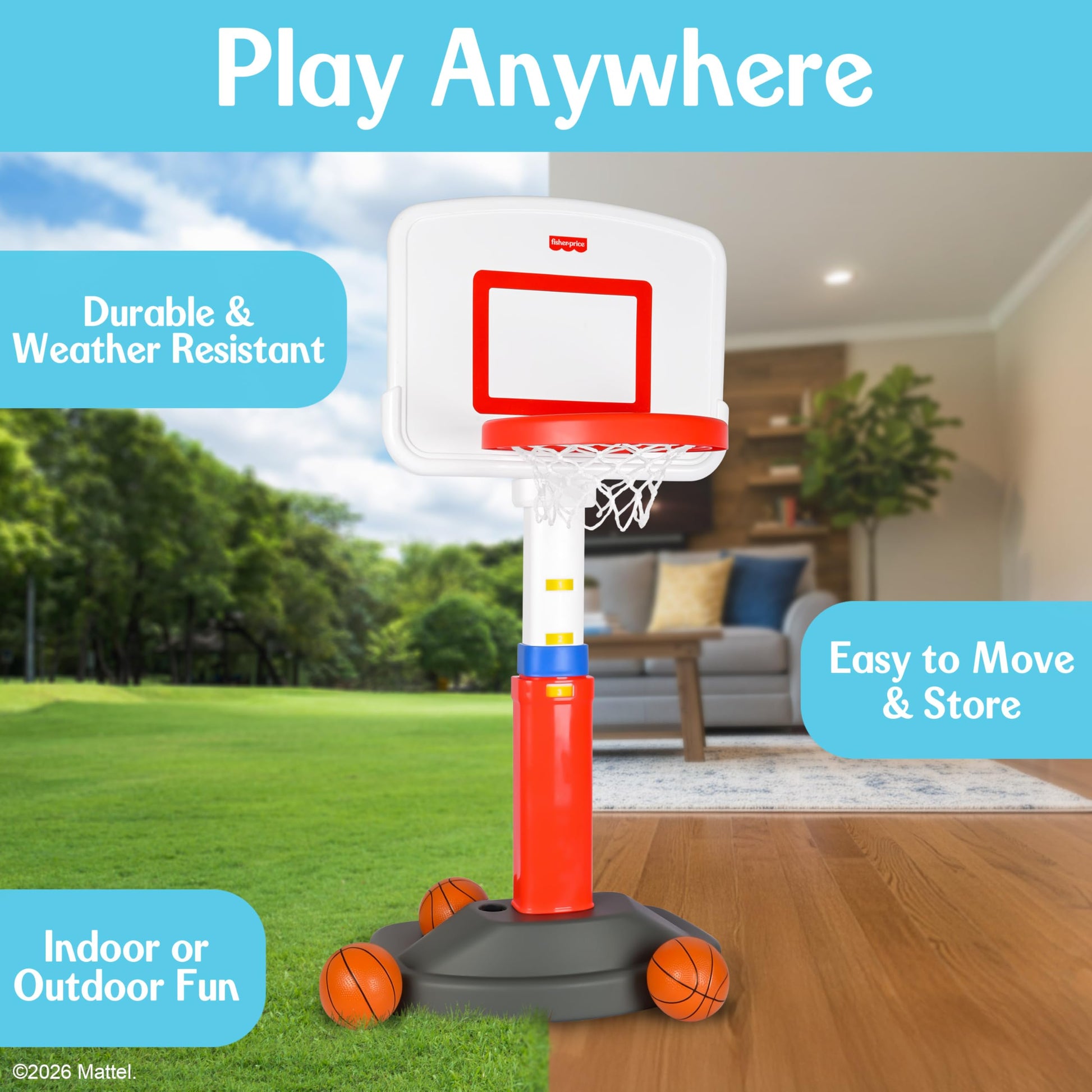 Fisher-Price™ Grow-to-Pro Basketball Hoop for Toddlers & Kids - Adjustable Height Indoor/Outdoor Play Set with Ball, 18 Months - 5 Year