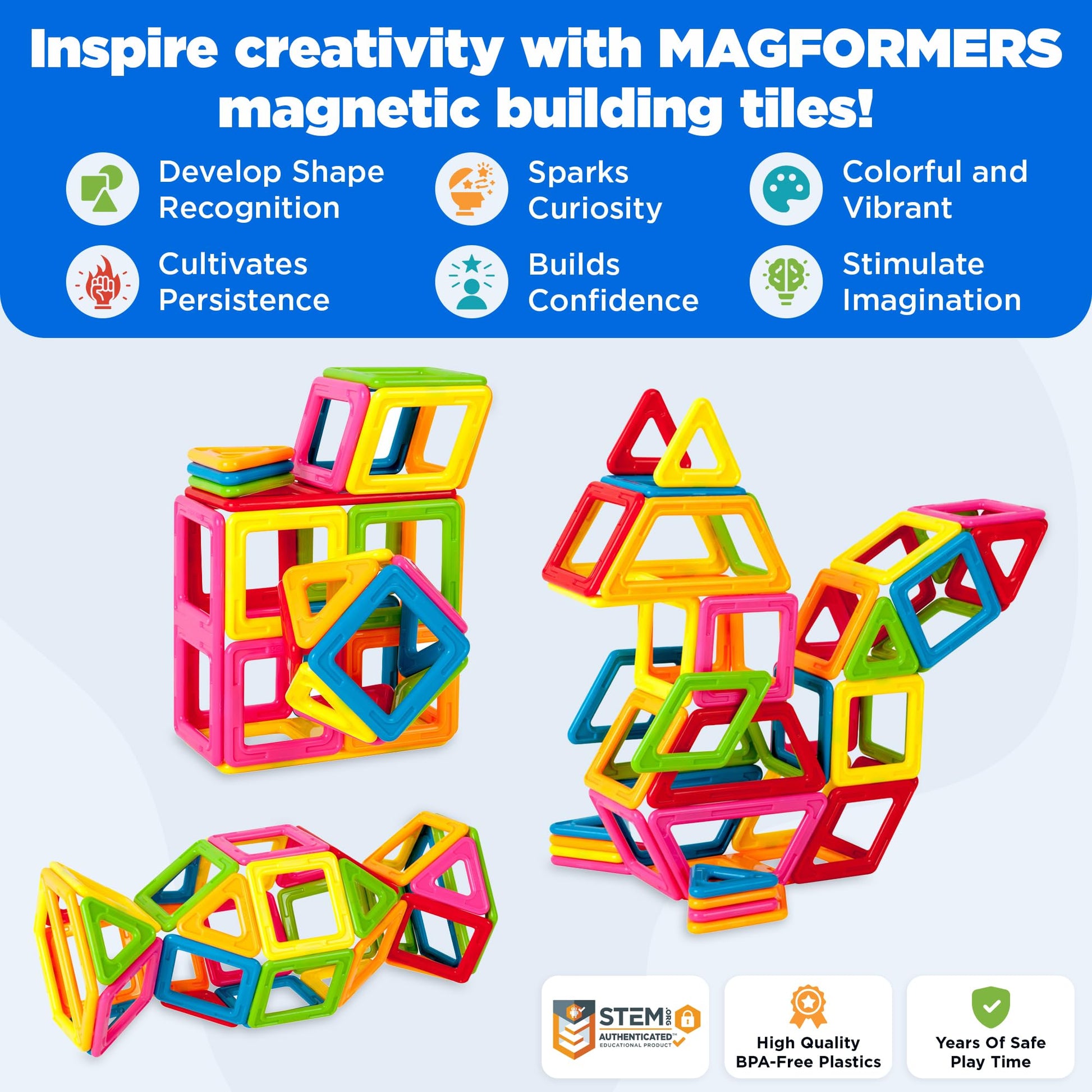 MAGFORMERS My First 54 Pieces, Rainbow Colors, Educational Magnetic Geometric Shapes Tiles Building STEM Toy Set Ages 3+