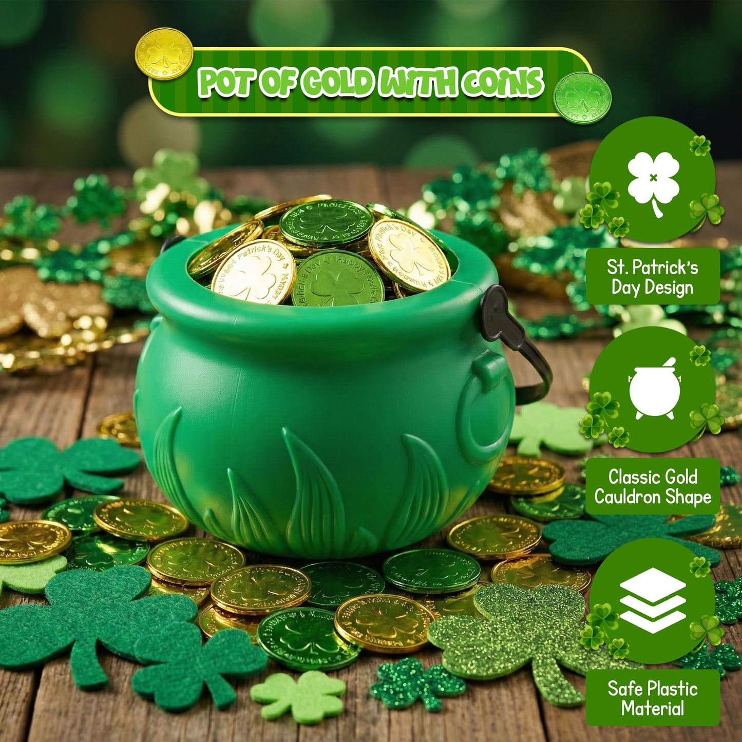 4E's Novelty 5 Inch St Patricks Day Pot of Gold Decorations with 100 Lucky Coins - Green Pot of Gold Cauldron Plastic Bucket for Leprechaun