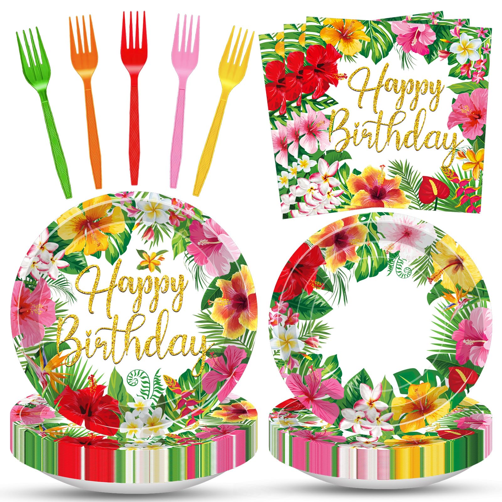 100 Pcs Tropical Happy Birthday Tableware Set, Serves 25 - Disposable Hibiscus Floral Paper Plates, Napkins, Forks, Hawaiian Aloha Party Supplies