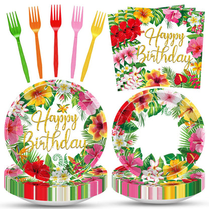 100 Pcs Tropical Happy Birthday Tableware Set, Serves 25 - Disposable Hibiscus Floral Paper Plates, Napkins, Forks, Hawaiian Aloha Party Supplies