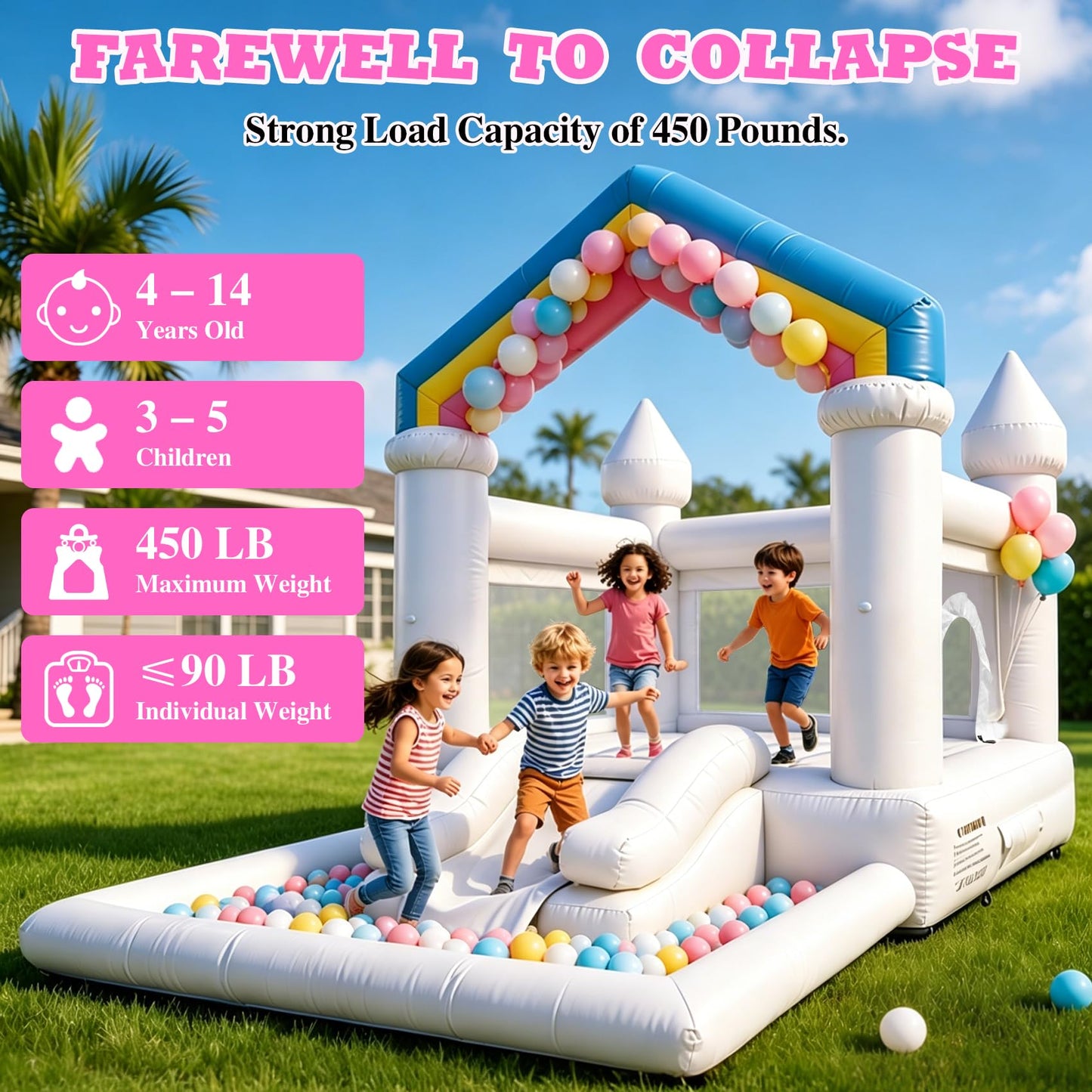 14.1FT White Bounce House Castle for Kids, w/Slide & Ball Pit
