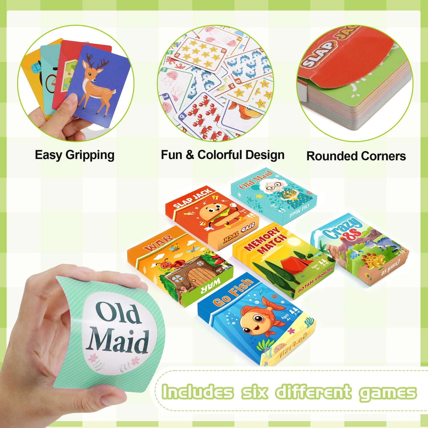 Card Games for Kids, Go Fish,Old Maid,Memory Match,Slap Jack,Crazy 8s,War-6 Pack Classic Fun & Educational Games for Family Game Night,Great Gift