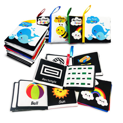 AMINFUN Soft Cloth Baby Books Black & White (4 Pack),Touch Crinkle Sensory Toys for Newborn Infants Toddler Non-Toxic Early Educational Preschool