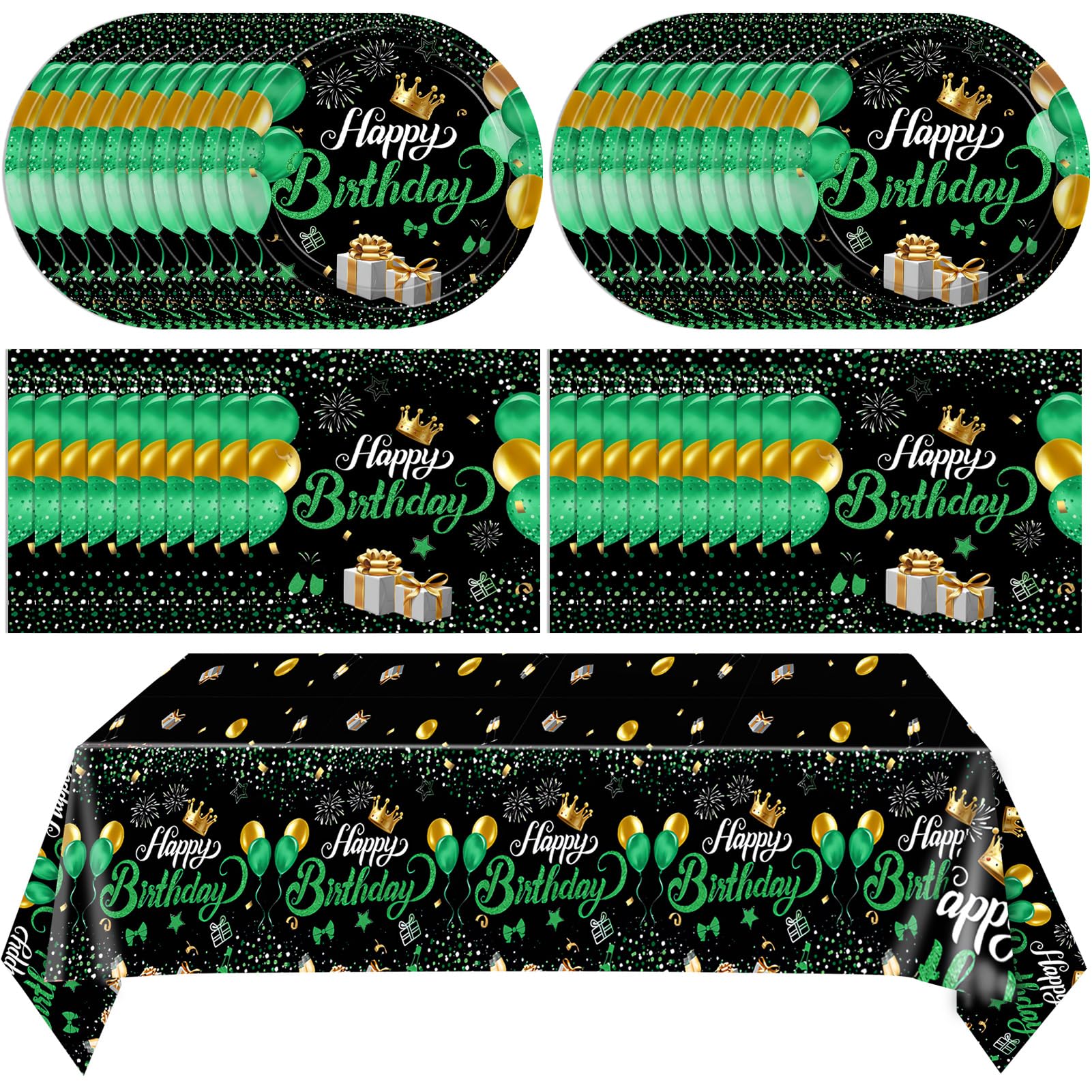 Green Birthday Decorations for Men Boys,Green and Black Party Tableware Set Include Birthday Plates Napkins and Tablecloth,for Mens Boy Bday Party