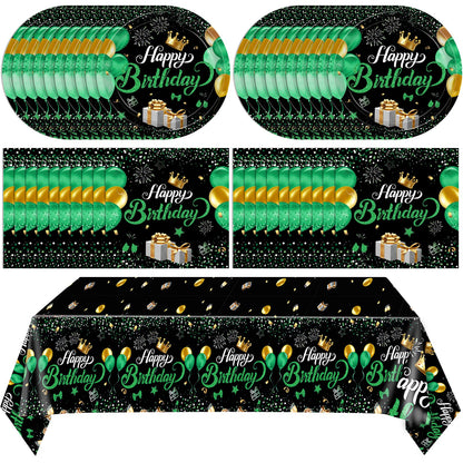 Green Birthday Decorations for Men Boys,Green and Black Party Tableware Set Include Birthday Plates Napkins and Tablecloth,for Mens Boy Bday Party