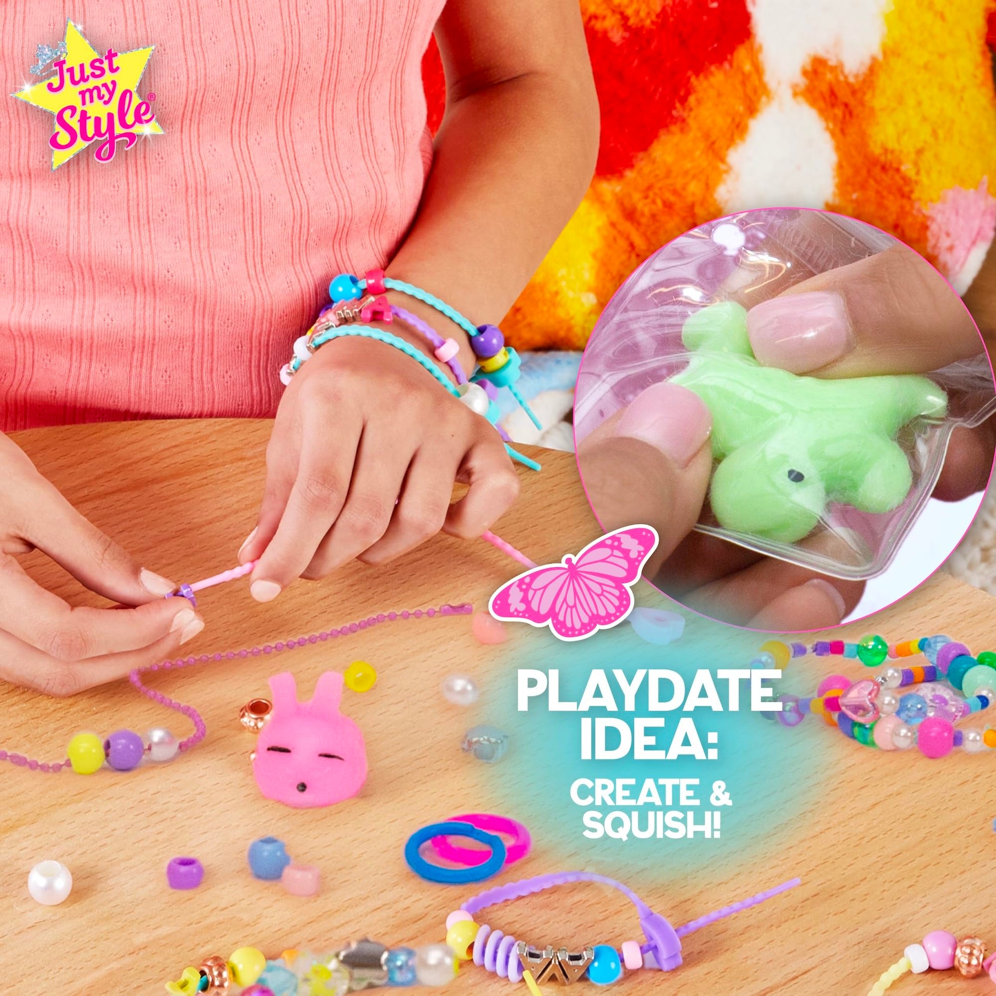 Just My Style Squishy Charms, Create 5 Squishy Bag Charms, Necklaces, Friendship Bracelets with Kawaii TPR Squishies in Pouches & Beads for Jewelry