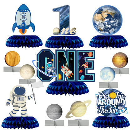 12Pcs First Trip Around The Sun One Letter Table Party Supplies Outer Space 1st Birthday Honeycomb Centerpiece Party Decoration Planets Solar System