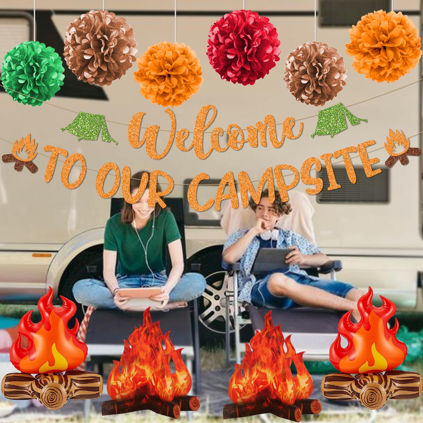 Camping Party Decorations, Welcome to Our Campsite Banner 3D Campfire Centerpiece Pom Poms Balloons, Camping Decorations for Classroom, Camping Themed