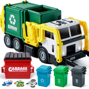 JOYIN Large Friction Powered Garbage Truck Toy Set, Includes 1 Dumpster, 3 Trash Bins, and 30 Learning Cards for Kids, Boy Toys Birthday Gift, Green