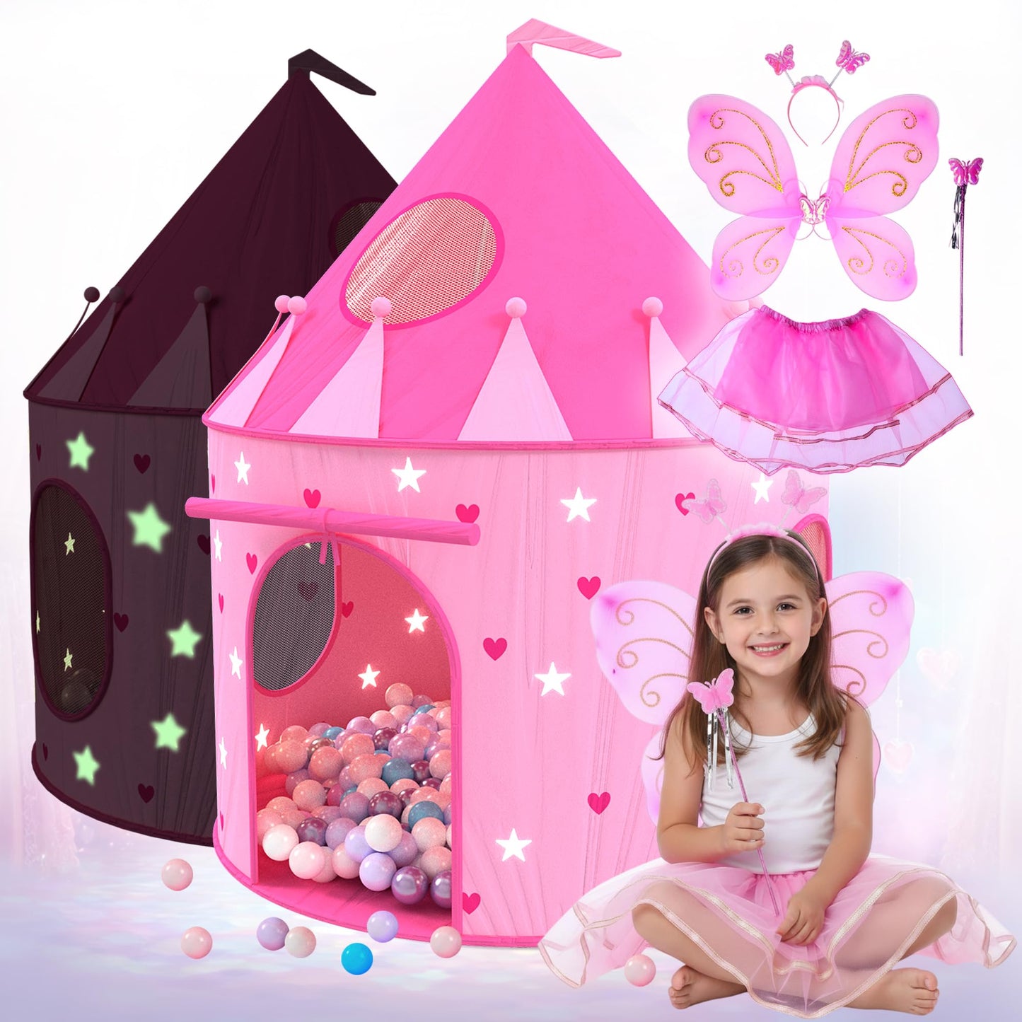 Playz 5pc Princess Castle Play Tent for Kids Glow in Dark Pink Princess Pit