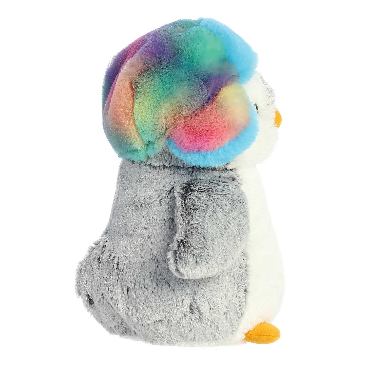 Aurora Festive Pompom Penguin Pom Pom Rainbow Trapper Stuffed Animal - Vibrant Companions - Endless Fun - Gray 9 Inches