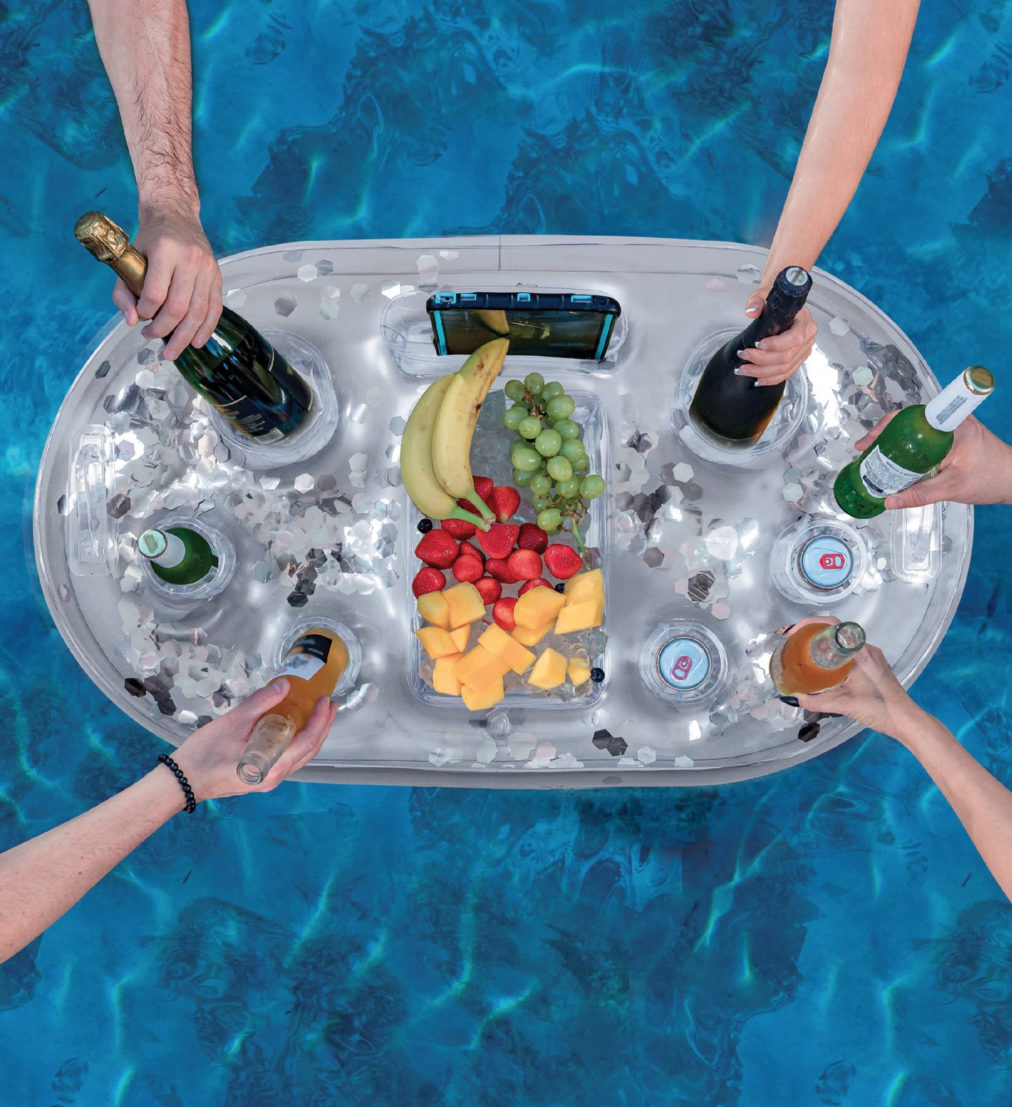 POZA Inflatable Silver Floating Cooler - Luxurious Drink Holder Filled with Sparkly Confetti, Premium Party Float with 8 Holders, Serving Bar