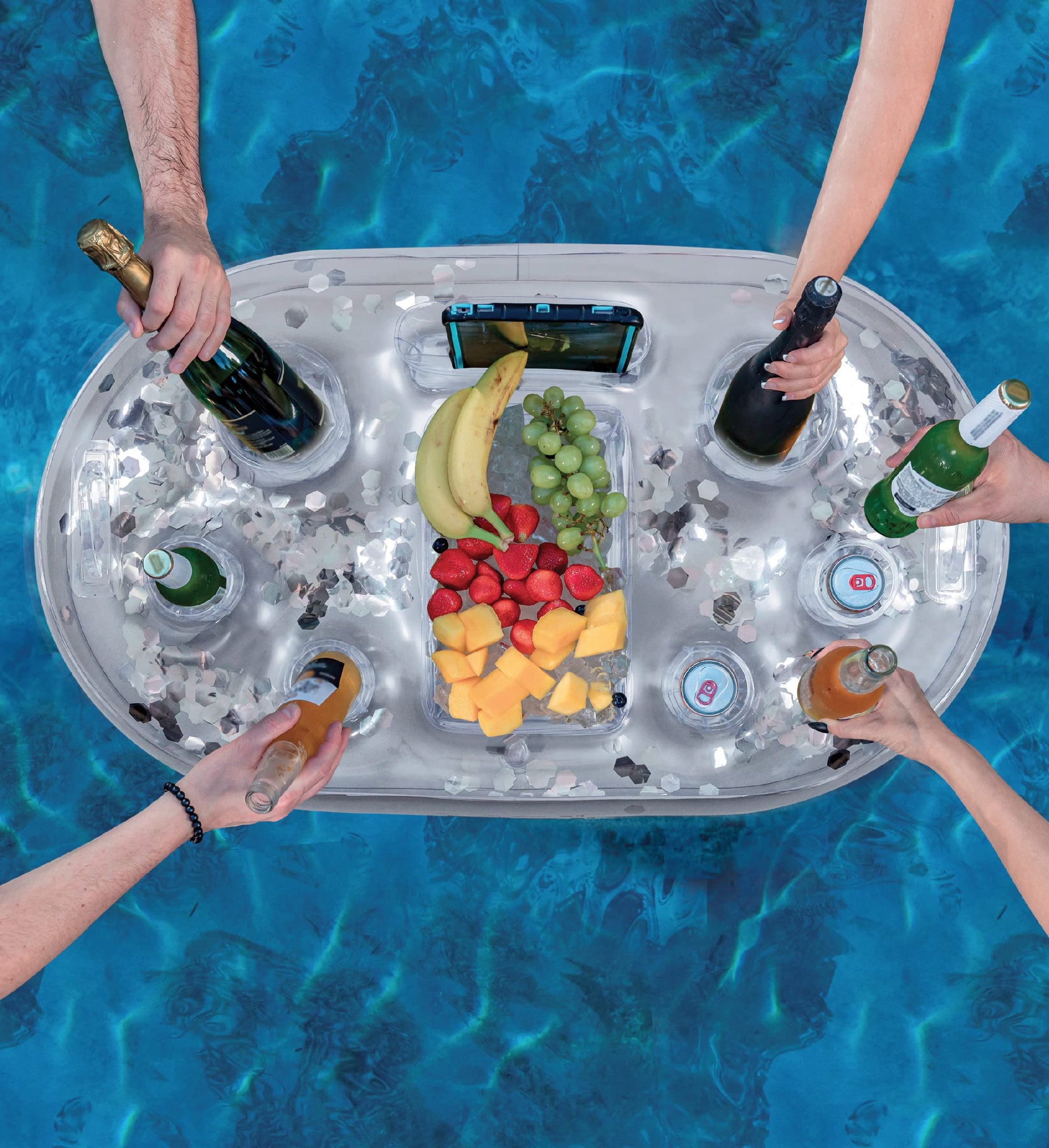 POZA Inflatable Silver Floating Cooler - Luxurious Drink Holder Filled with Sparkly Confetti, Premium Party Float with 8 Holders, Serving Bar