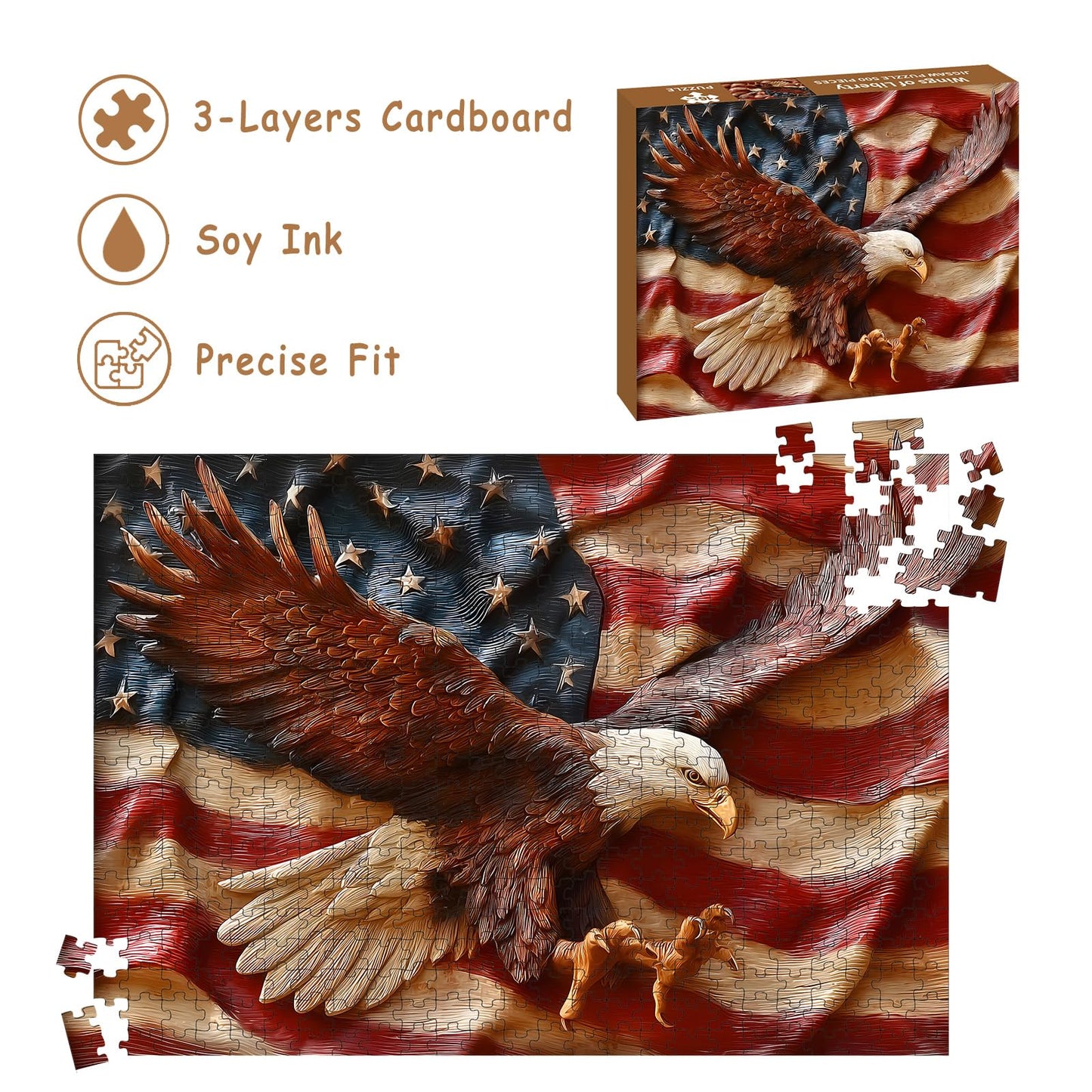 Puzzles for Adults 500 Pieces, Eagles Jigsaw Puzzles - Wings of Liberty, Impossible American Flag Puzzles for Seniors Family, 20.47x14.96 inches, 1:1