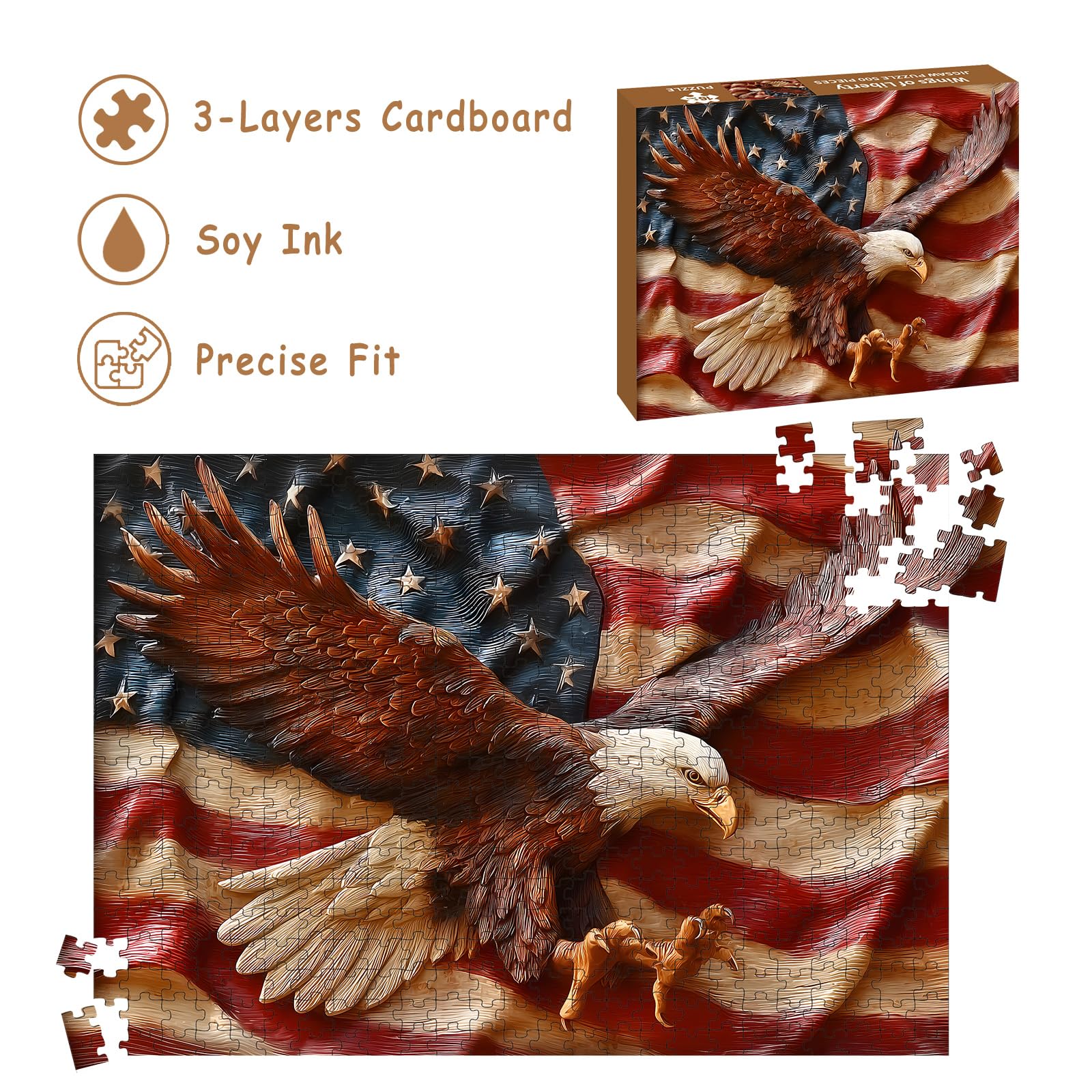 Puzzles for Adults 500 Pieces, Eagles Jigsaw Puzzles - Wings of Liberty, Impossible American Flag Puzzles for Seniors Family, 20.47x14.96 inches, 1:1