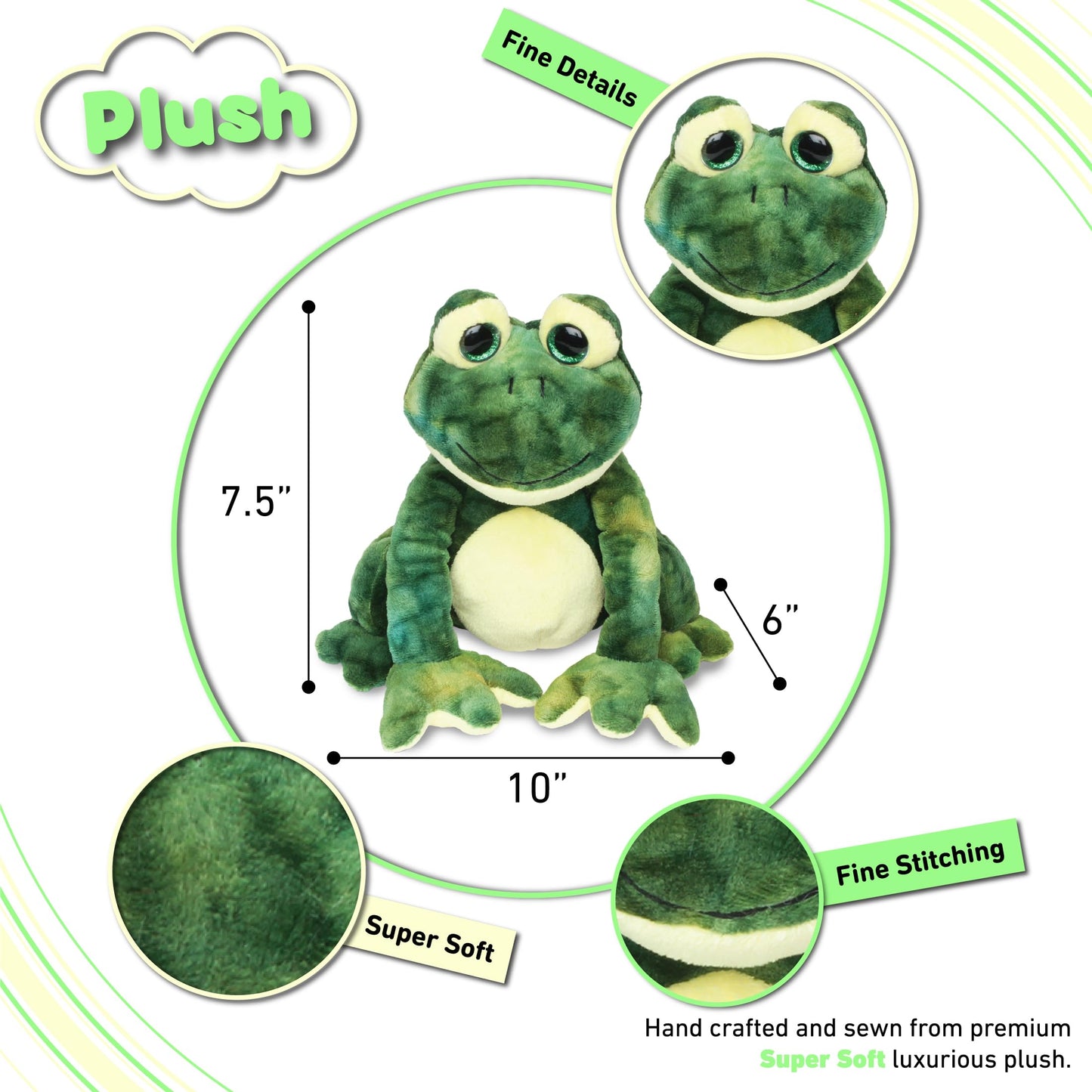 DolliBu Plush Frog Stuffed Animal - Soft Huggable Squat Green Frog, Adorable Playtime Frog Plush Toy, Cute Rain Forest Life Cuddle Gift for Kids