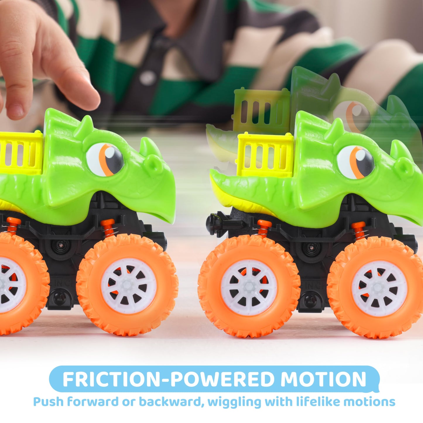 lalalark JOVA Dinosaur Toys for 2 3 4 5 Year Old Boys - 3 Pack Monster Truck Toys with Friction Power 360° Rotating Push and Go Cars - Toddler Cars