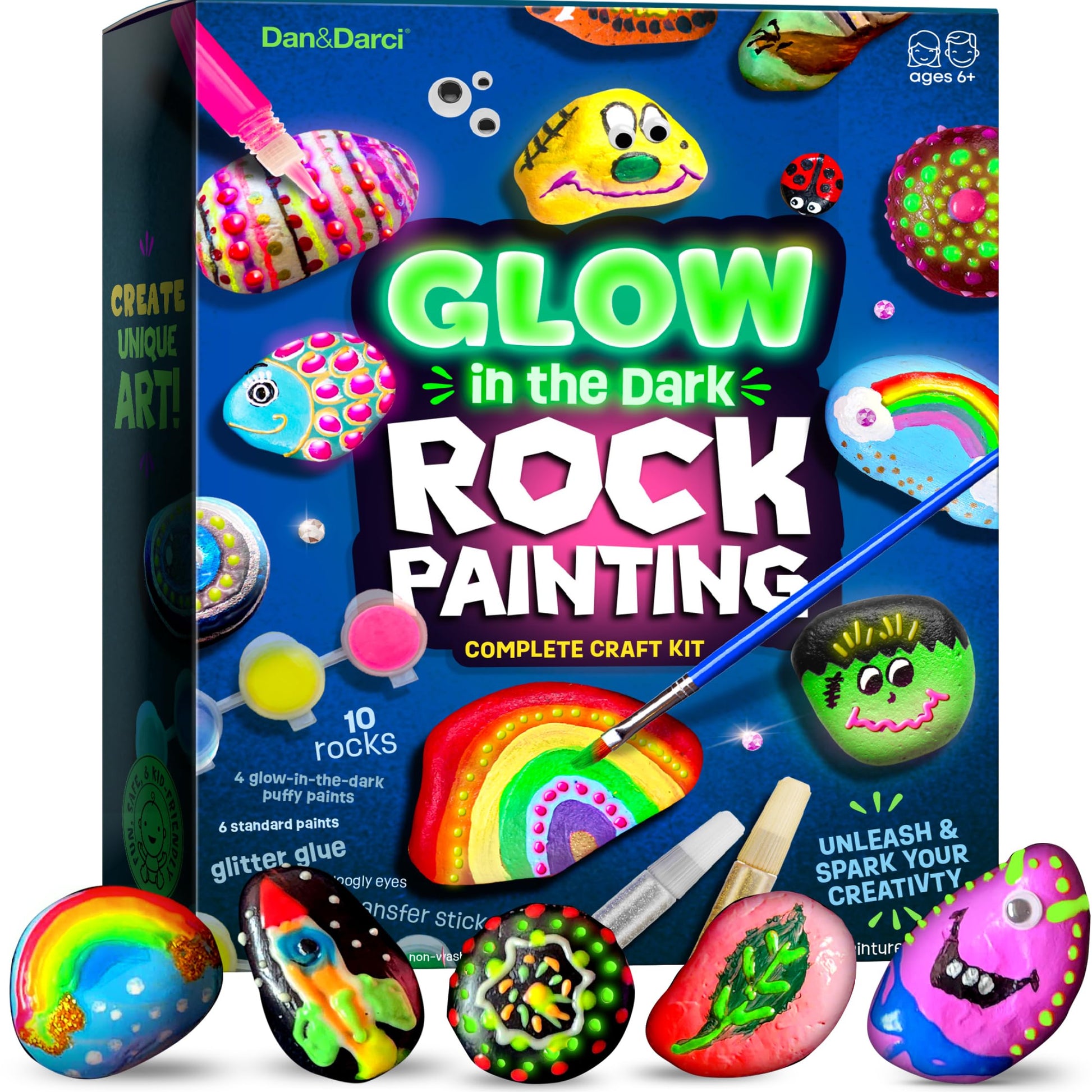 Dan&Darci Kids Rock Painting Kit - Glow in The Dark - Gifts Arts & Crafts for Boys and Girls Ages 6-12 - Craft Activities Kits - Creative Art Toys