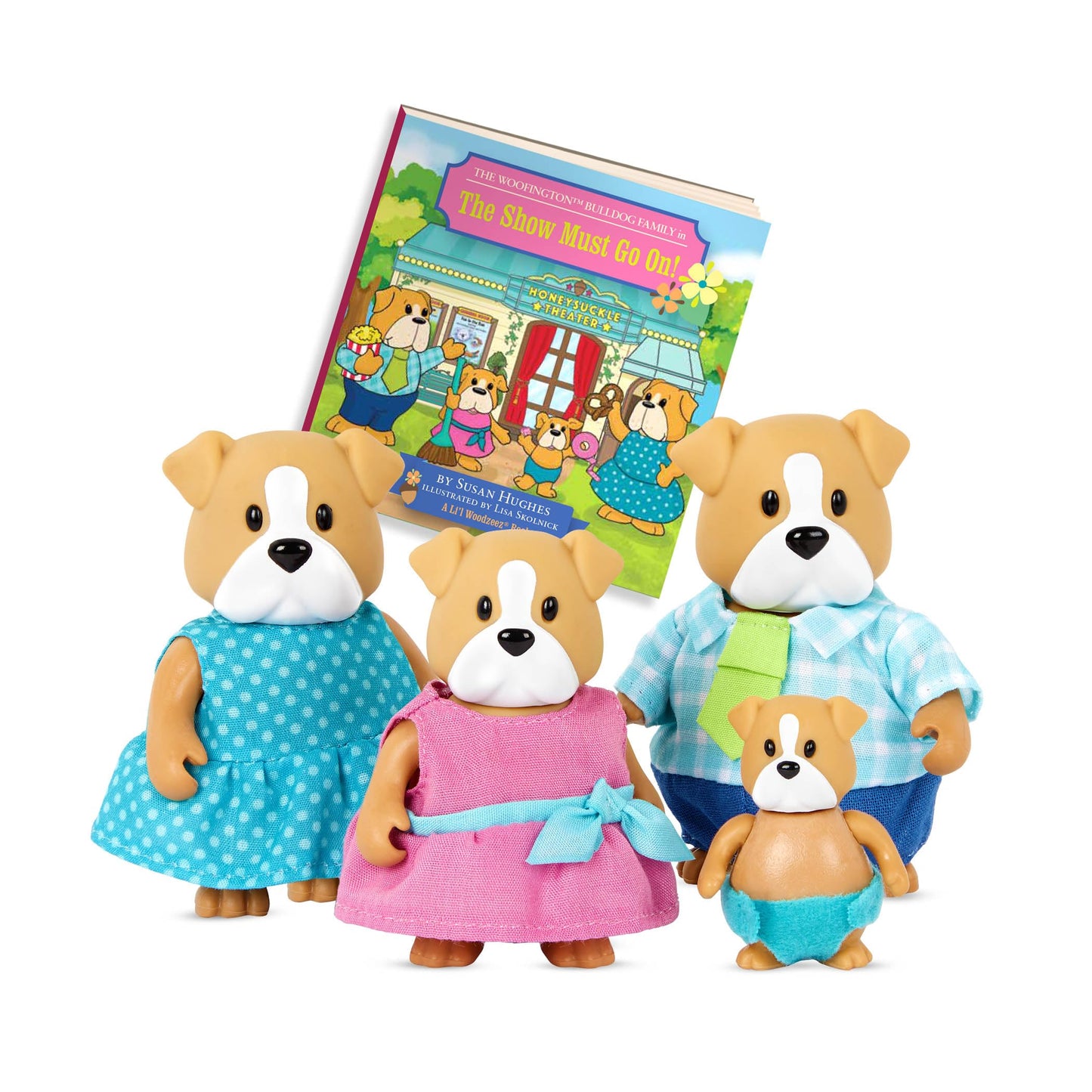Li'l Woodzeez - The Woofington Bulldog Family - Set of 4 Collectible Posable Figures with Storybook for Imaginative Pretend Play - Fun Doll Toys for