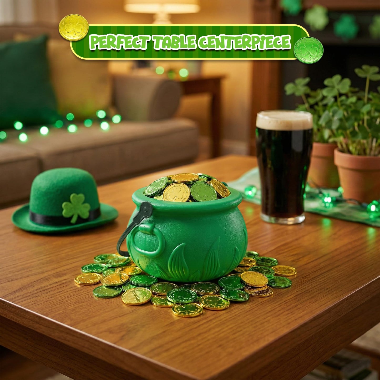 4E's Novelty 5 Inch St Patricks Day Pot of Gold Decorations with 100 Lucky Coins - Green Pot of Gold Cauldron Plastic Bucket for Leprechaun