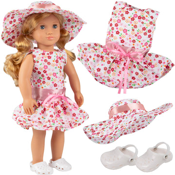 Summer Fun Flower Dress Doll Outfit (4 Pc Set)- Includes Sun Dress, Hat, & Clog Sandals- Handmade, Premium Outfit & Accessories- Compatible with 18"