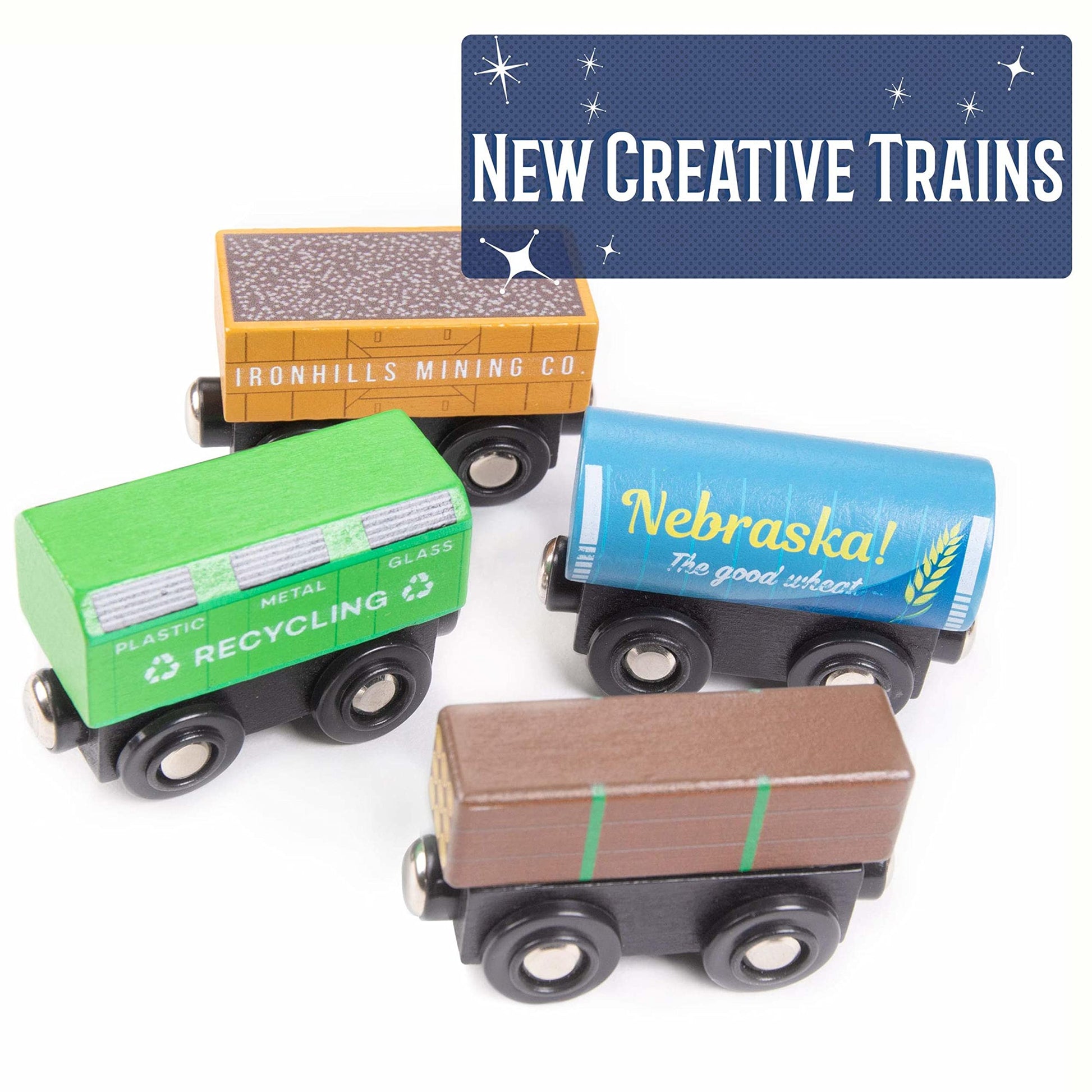 Playtime Express Train Set | 12-Piece Wooden Train Box | Includes Unique Custom Designs and Classics: Recycling Transport, Timber Train, Wheat Car