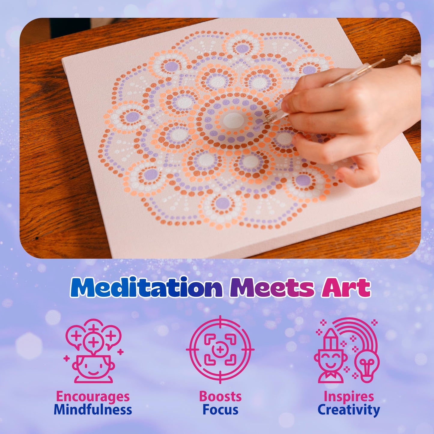 Pinwheel Crafts Painting Kit Mandala for Kids Ages 6-12 - Dot Painting Canvas Set with Mandala Dotting Tools, Paints, Brushes, Easy Instruction