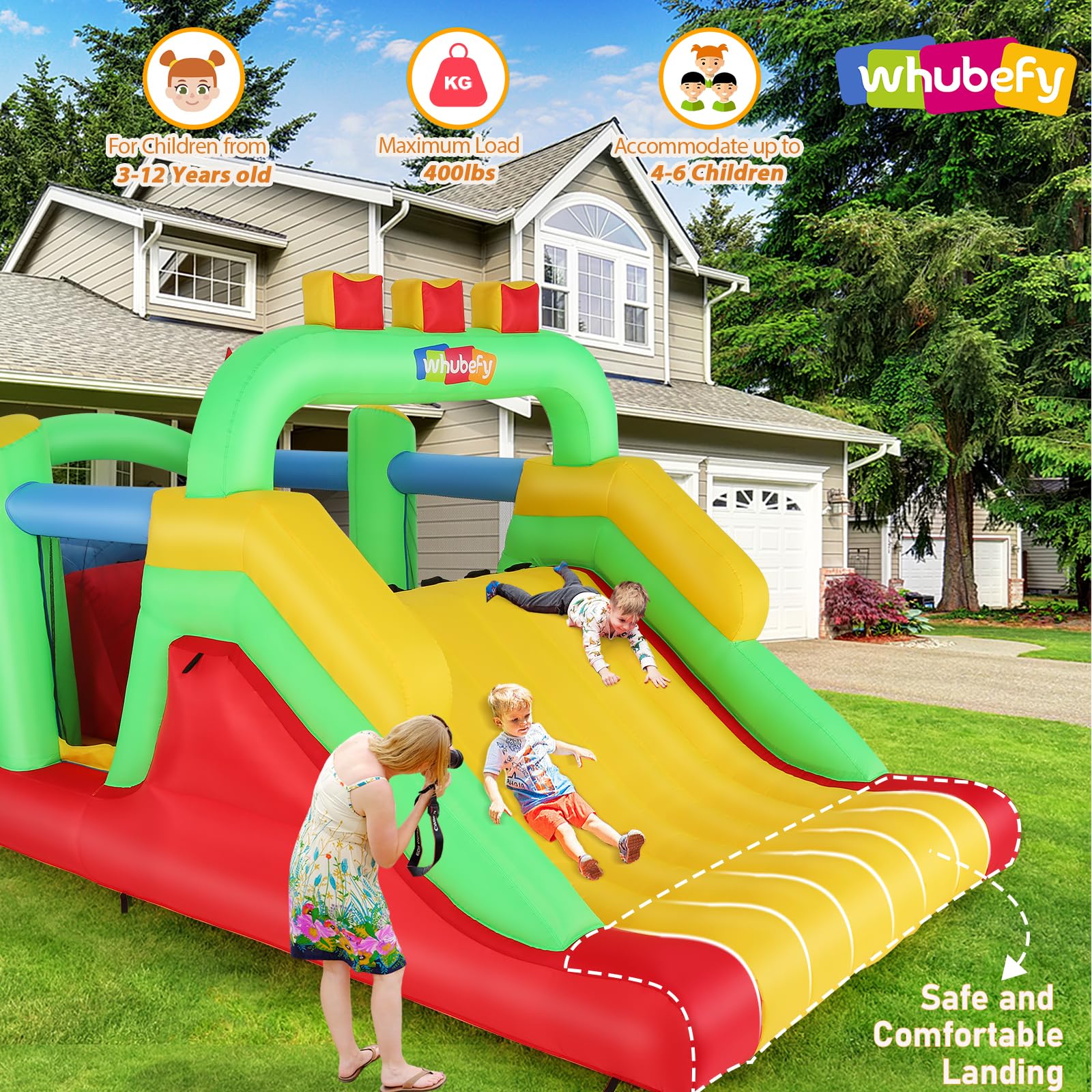 Whubefy Inflatable Obstacle Course Bounce House for Big Kids 8-12, 18.5 x 8FT Large Bounce Castle with Dual Racing Slides, Crawl Tunnels, Climbing