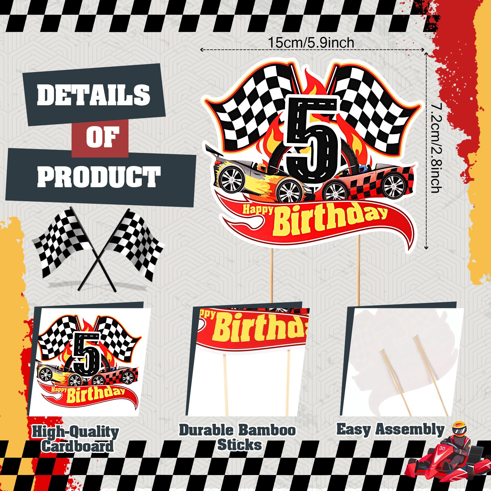Maitys Race Car 5th Birthday Cake Topper Race Car Theme Birthday Party Supplies Checkered Flag Cupcake Decorations Photo Props for Five Years Old
