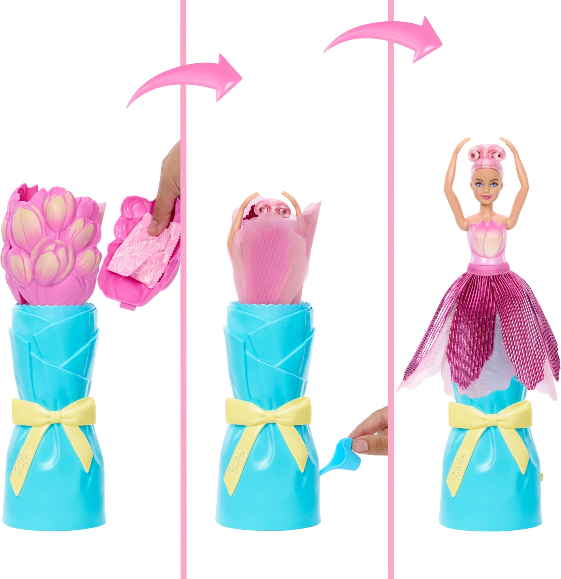 Barbie Petal Pop Scented Doll with Pink Tulip Dress & Accessories, Bouquet Reveal with Pet Bunny & Surprises Like Watering Can, Necklace & Earrings