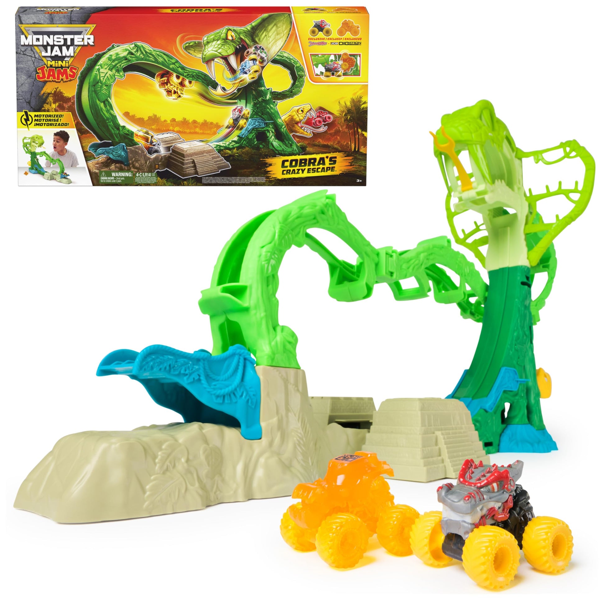 Monster Jam Mini Jams, Cobra’s Crazy Escape 28” Motorized Playset, 2 Exclusive Die-Cast ThunderROARus and JCB Digatron Monster Trucks, Kids Toys