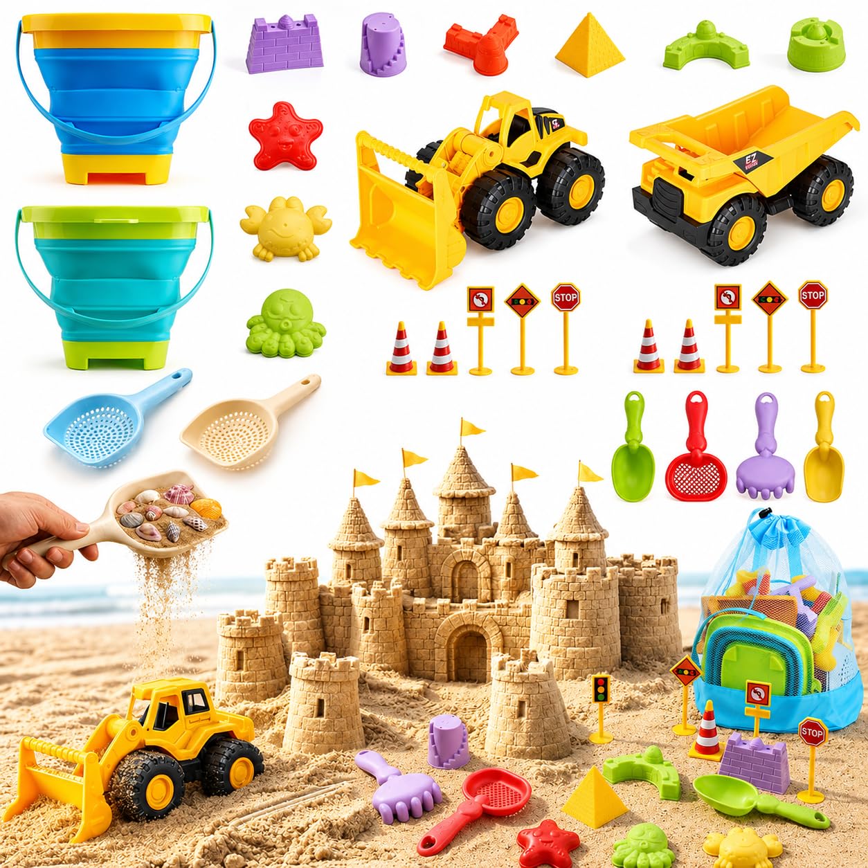 Fiderix 30PCS Beach Toys for Kids Ages 3-10 with 2 Collapsible Buckets