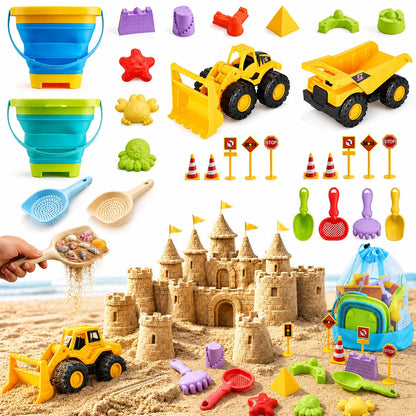 Fiderix 30PCS Beach Toys for Kids Ages 3-10 with 2 Collapsible Buckets