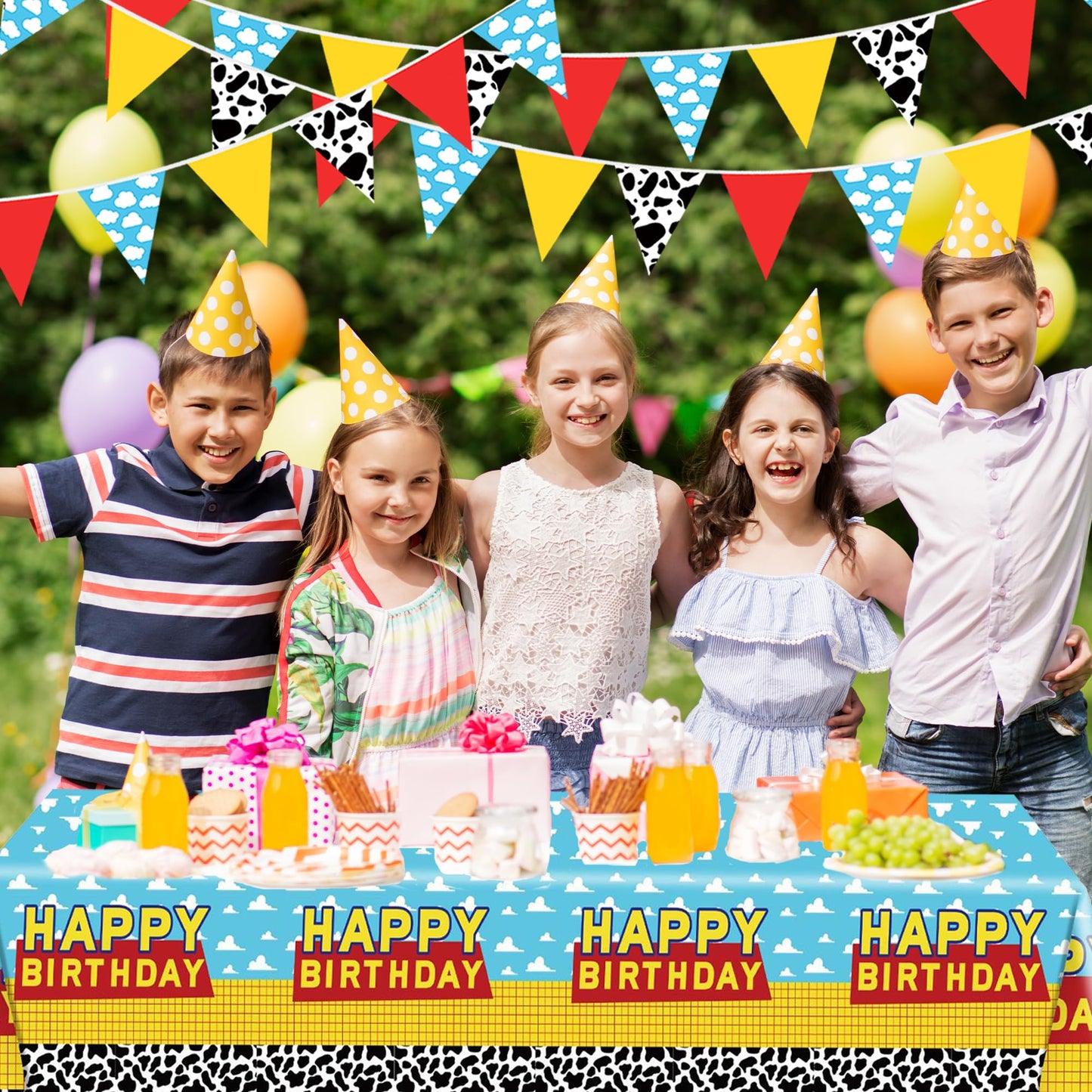 Cartoon Story Party Decorations Happy Birthday Banner Tablecloth