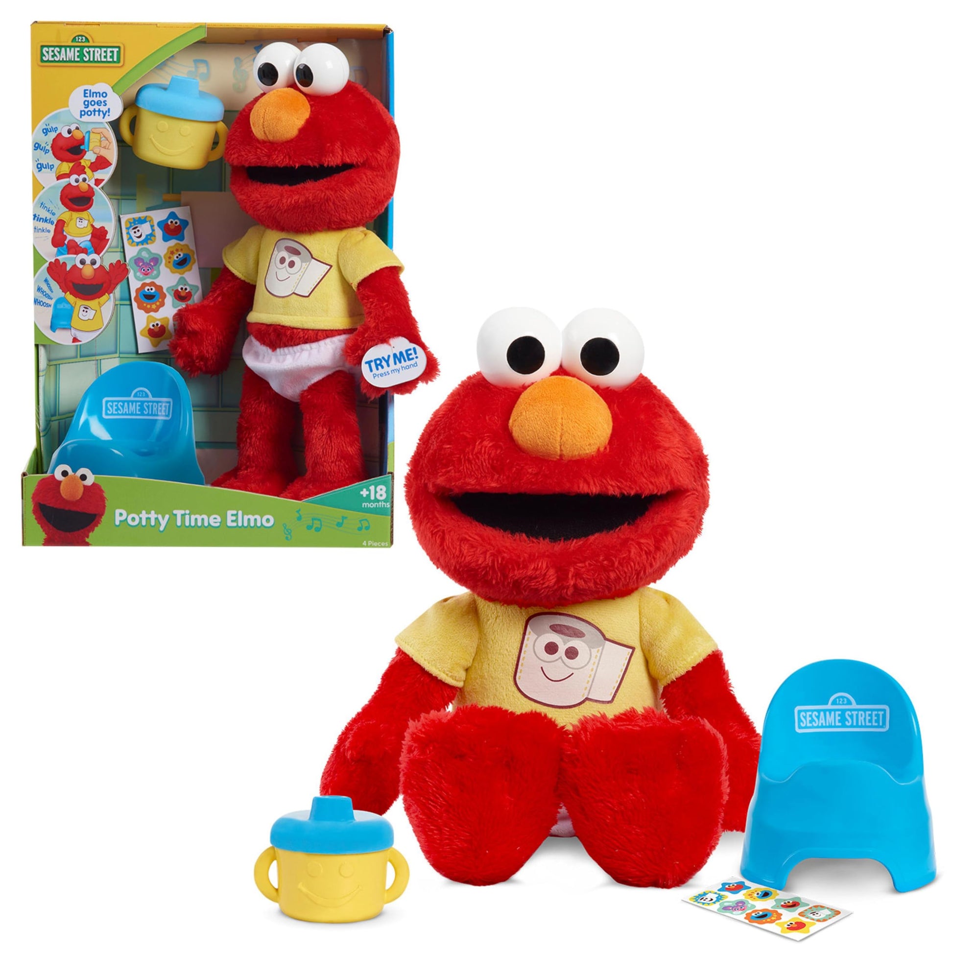 Sesame Street Potty Time Elmo 12-Inch Sustainable Plush Stuffed Animal, Sounds and Phrases, Potty Training Tool, Kids Toys for Ages 18 Month by Just