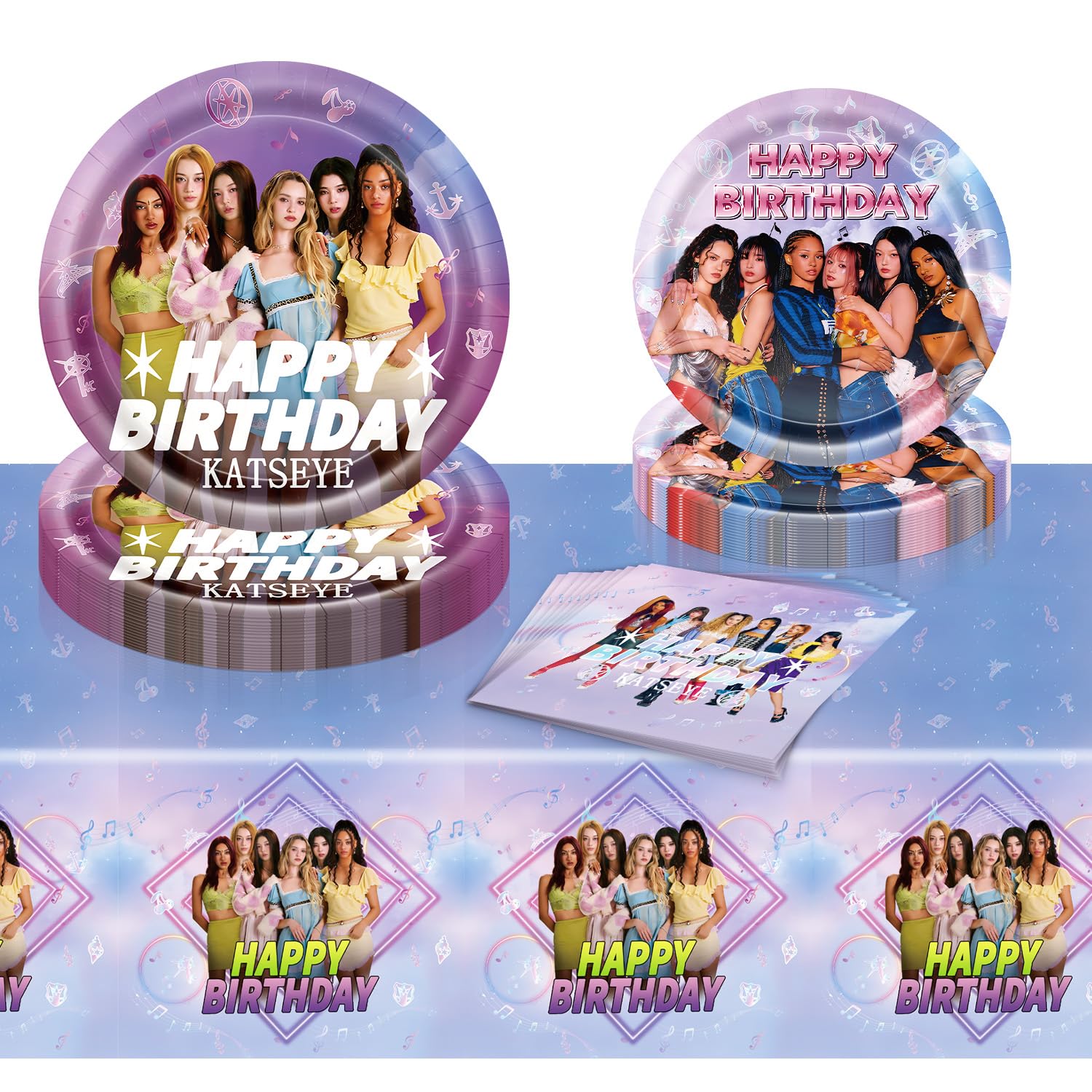 KATSEYE Birthday Decorations, 20 Plates, 20 Napkins and 1 Tablecover for Girls Fans KATSEYE Party Supplies